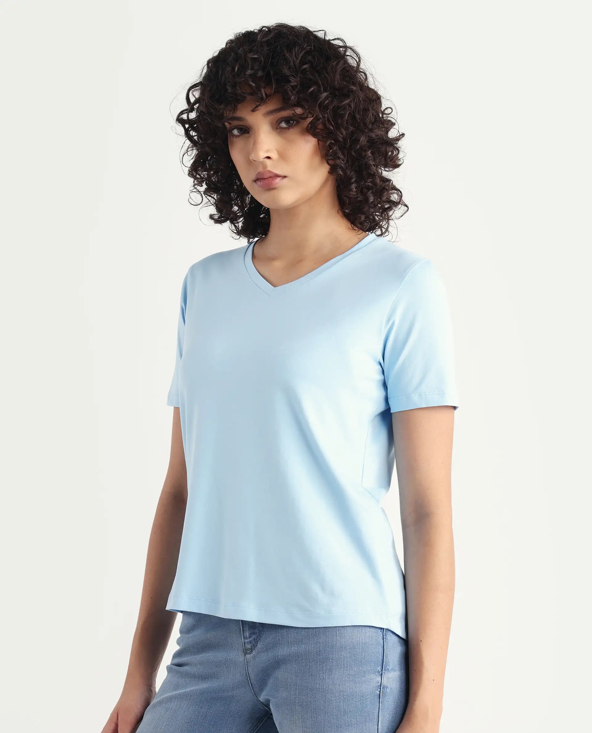 Rareism Women's Light Weight High Stretch 180 Gsm Cotton V-Neck Plain Regular Fit T-Shirt