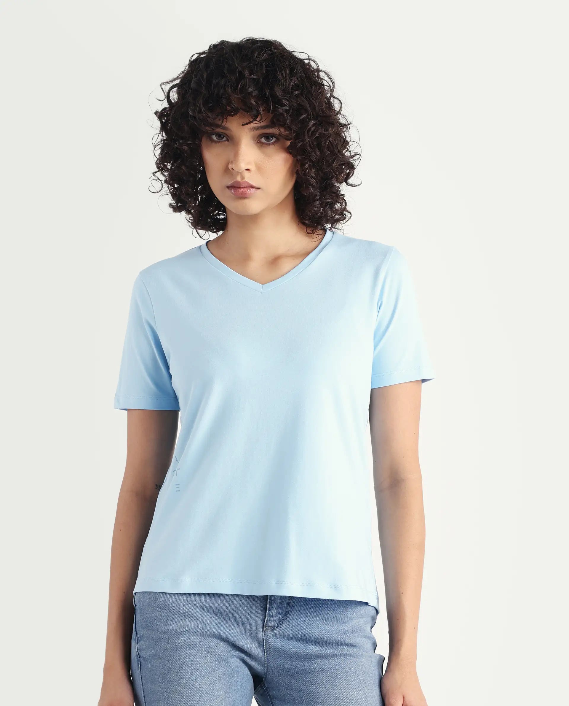 Rareism Women's Light Weight High Stretch 180 Gsm Cotton V-Neck Plain Regular Fit T-Shirt