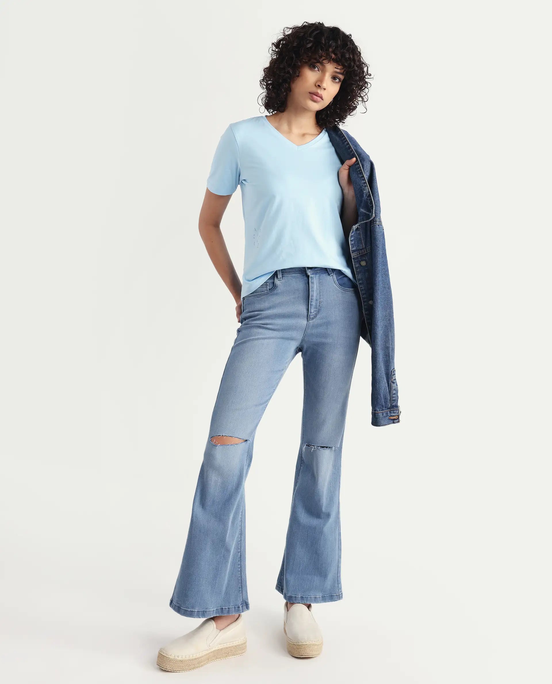 Rareism Women's Light Weight High Stretch 180 Gsm Cotton V-Neck Plain Regular Fit T-Shirt