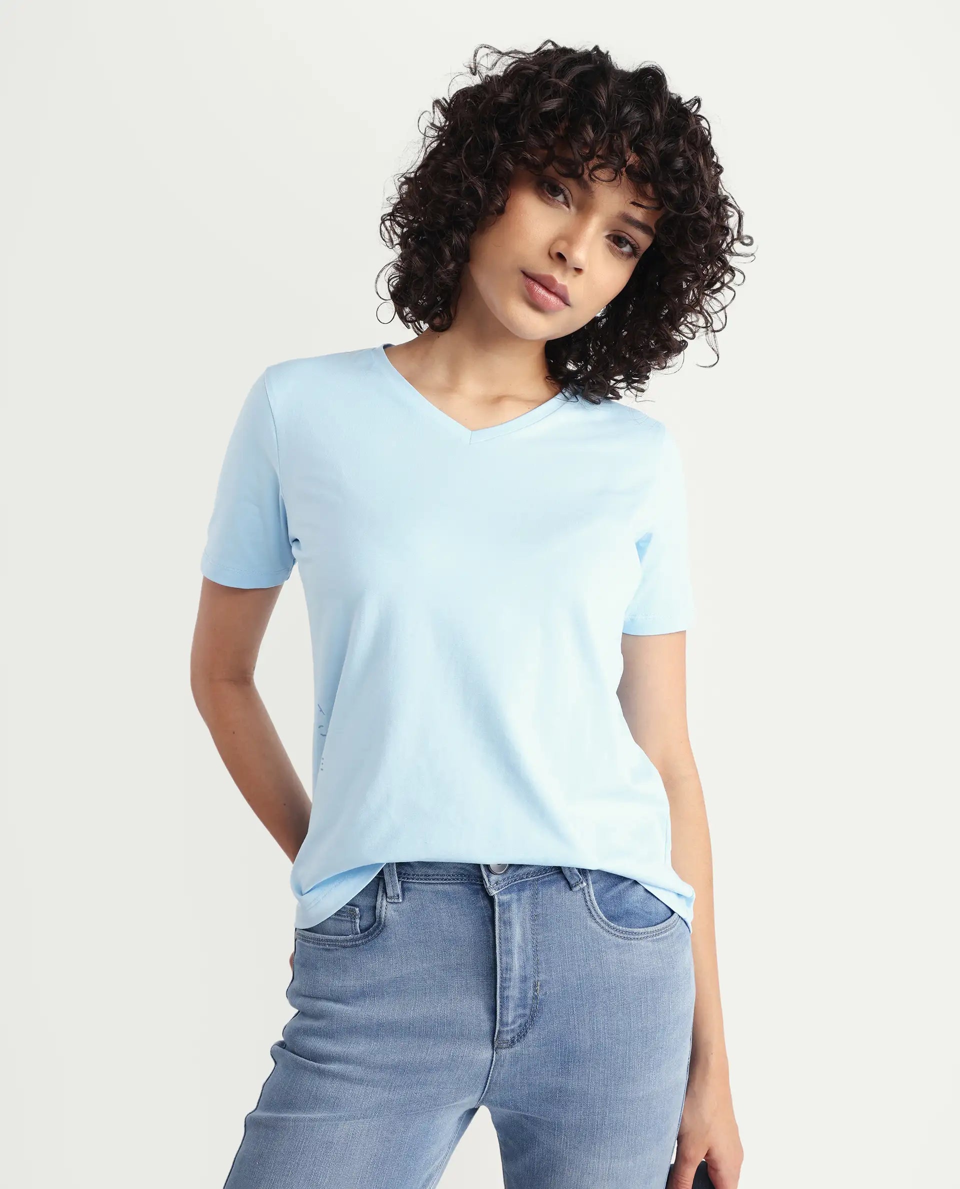 Rareism Women's Light Weight High Stretch 180 Gsm Cotton V-Neck Plain Regular Fit T-Shirt