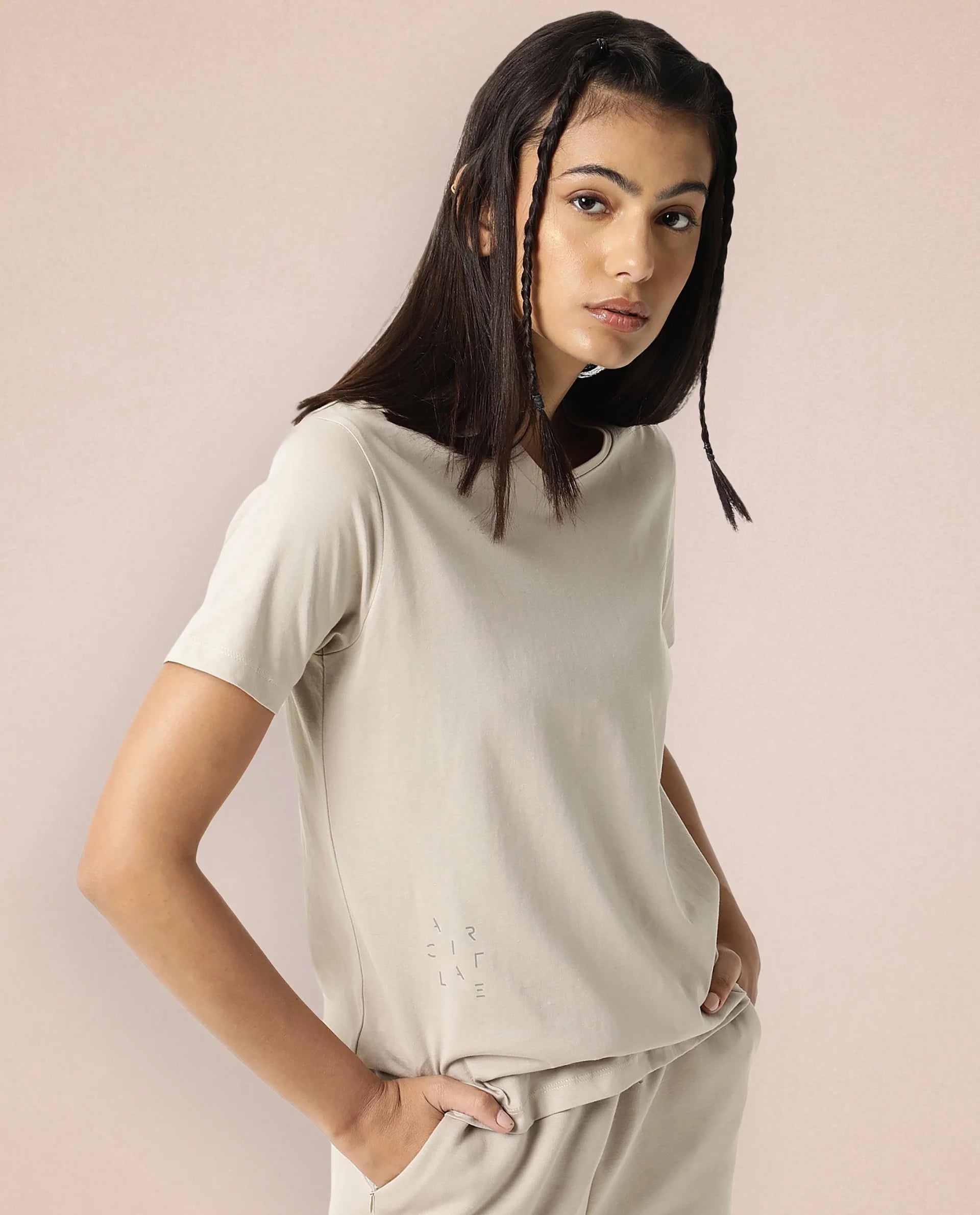 Rareism Women Arvi Beige Cotton Blend Fabric Regular Fit Half Sleeves Solid V-Neck T-Shirt