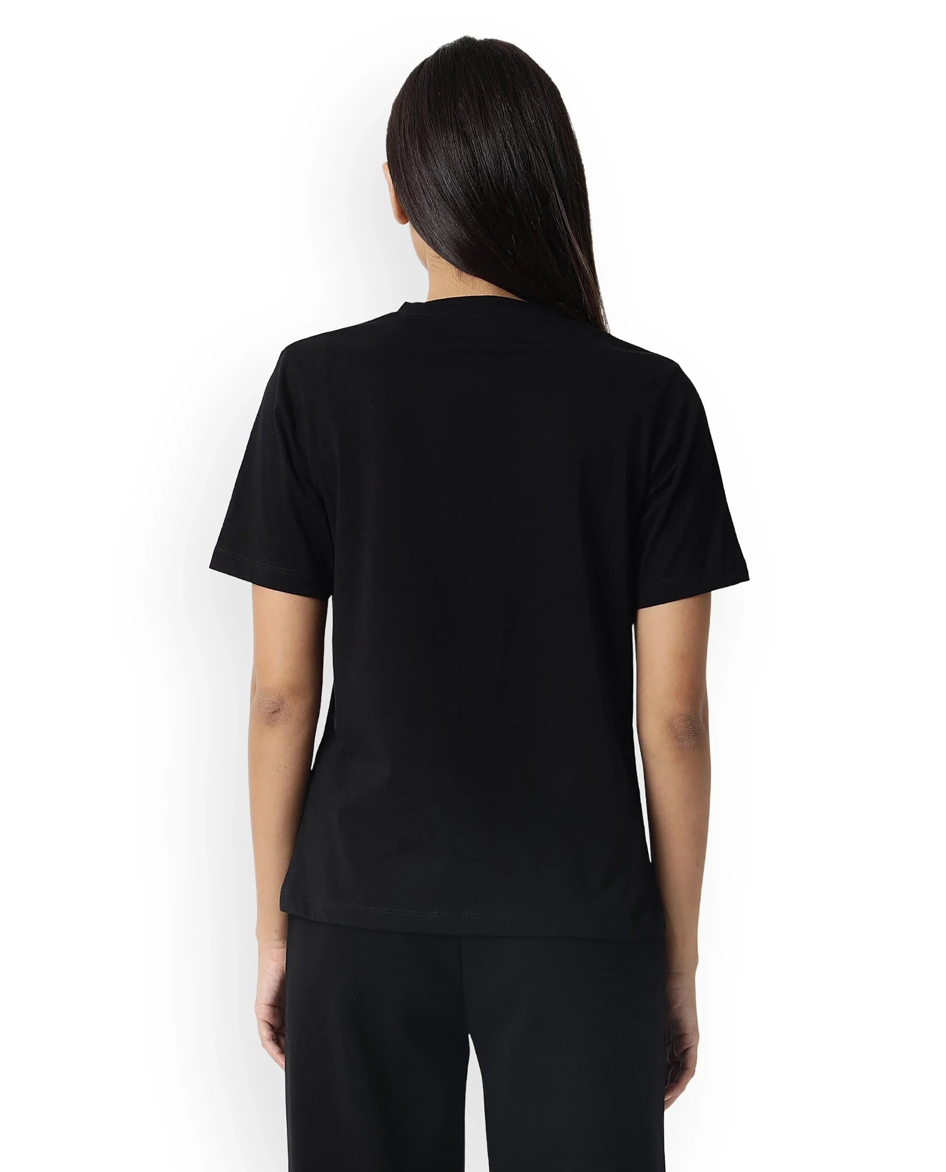 Rareism Women Arvi Black Cotton Blend Fabric Regular Fit Half Sleeves Solid V-Neck T-Shirt