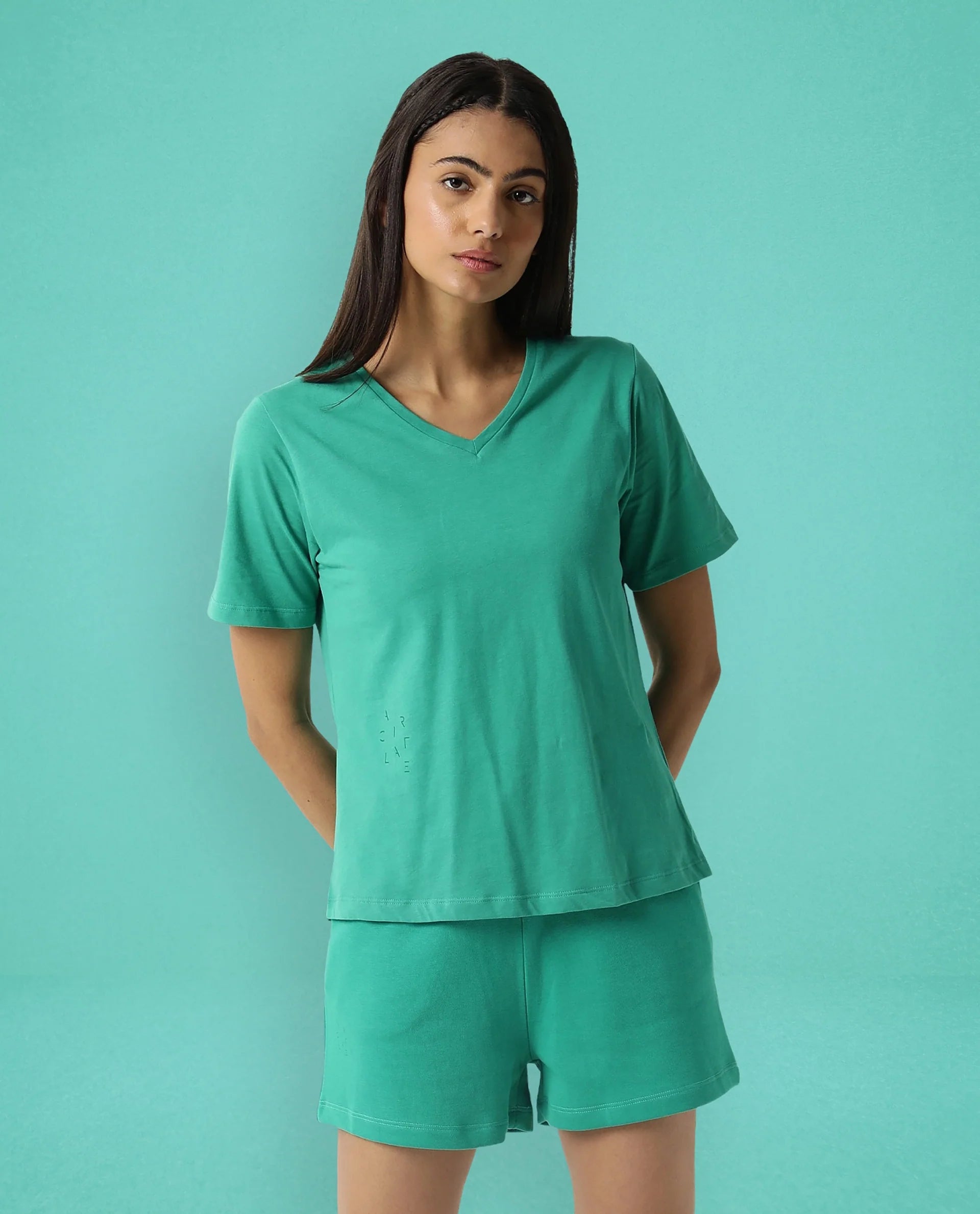 Rareism Women's Light Weight High Stretch 180 Gsm Cotton V-Neck Plain Regular Fit T-Shirt