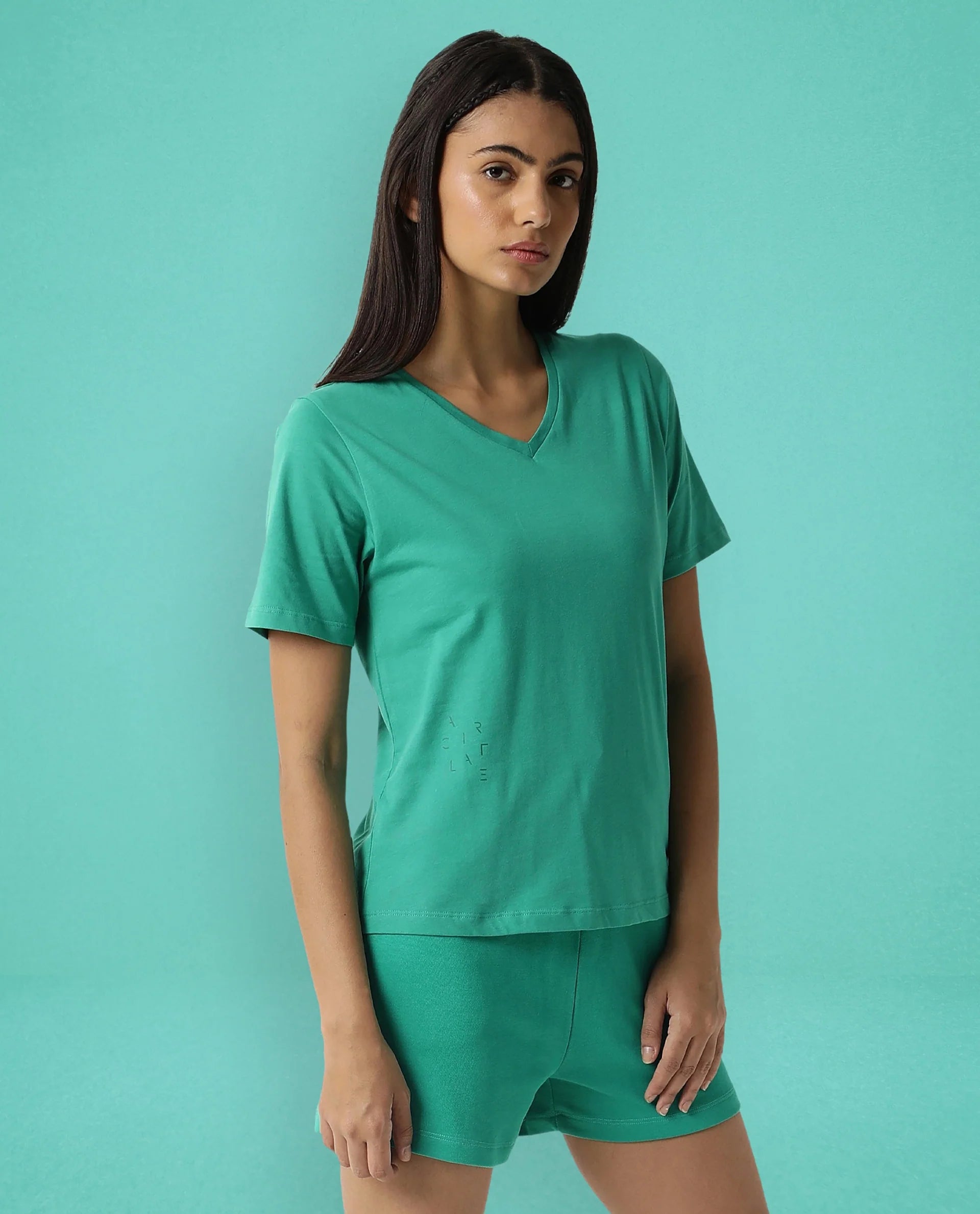 Rareism Women's Light Weight High Stretch 180 Gsm Cotton V-Neck Plain Regular Fit T-Shirt