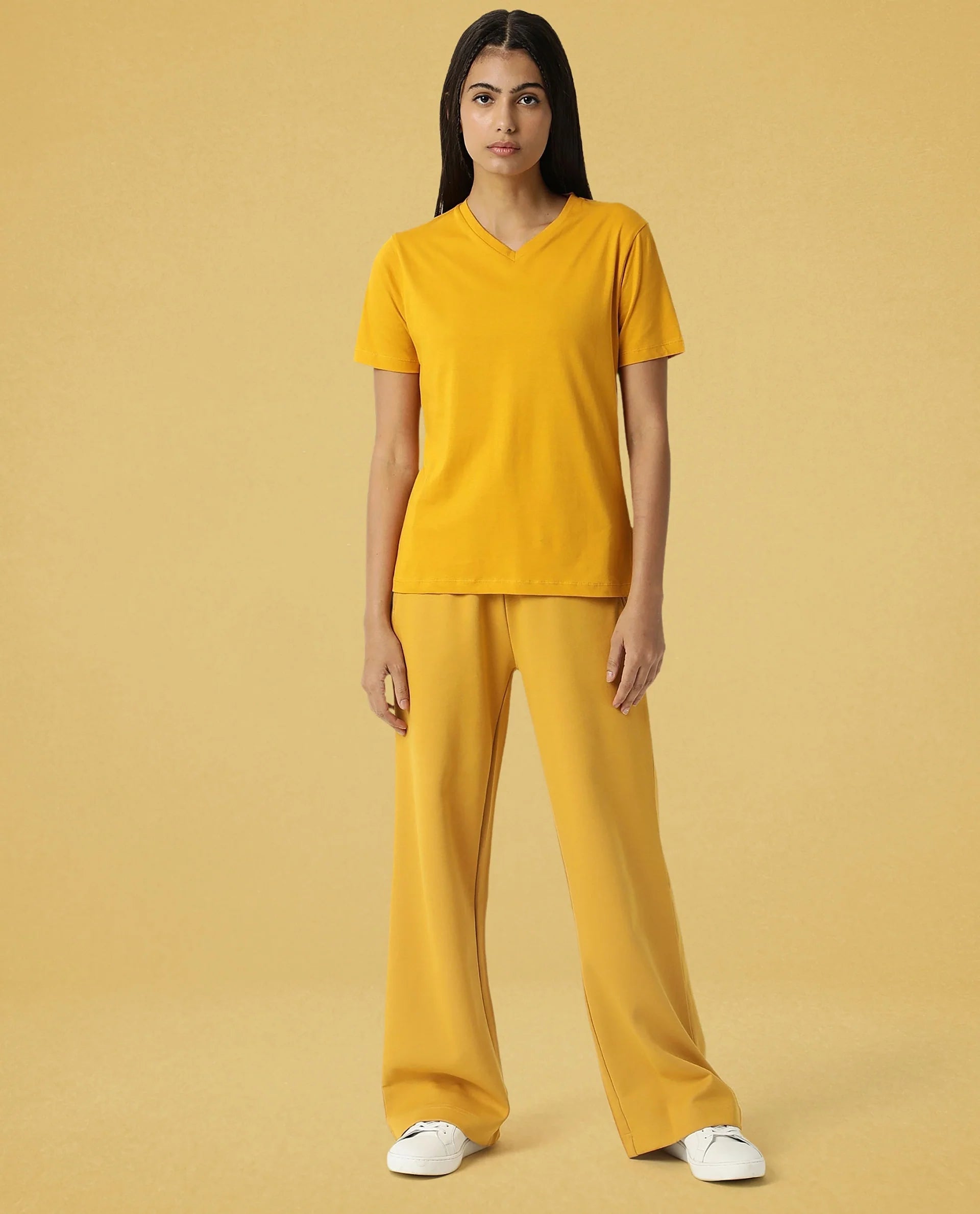 Rareism Women Arvi Mustard Cotton Blend Fabric Regular Fit Half Sleeves Solid V-Neck T-Shirt