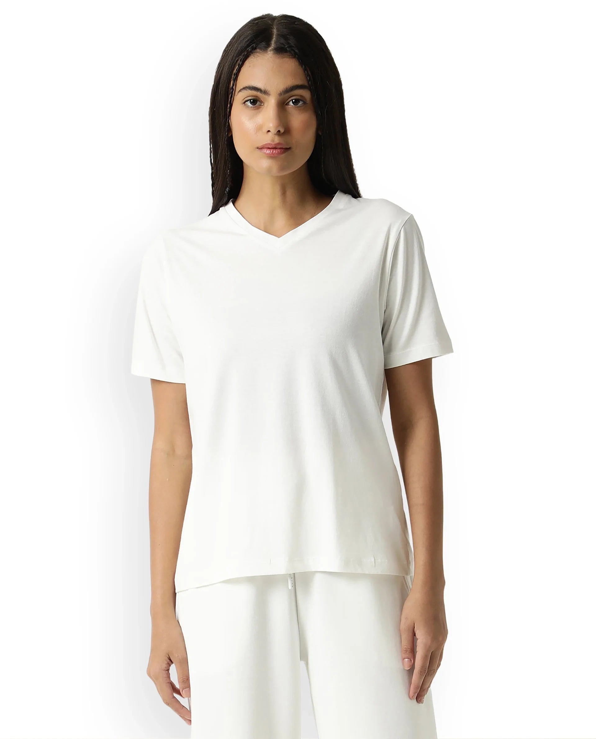 Rareism Women Arvi Off White Cotton Blend Fabric Regular Fit Half Sleeves Solid V-Neck T-Shirt