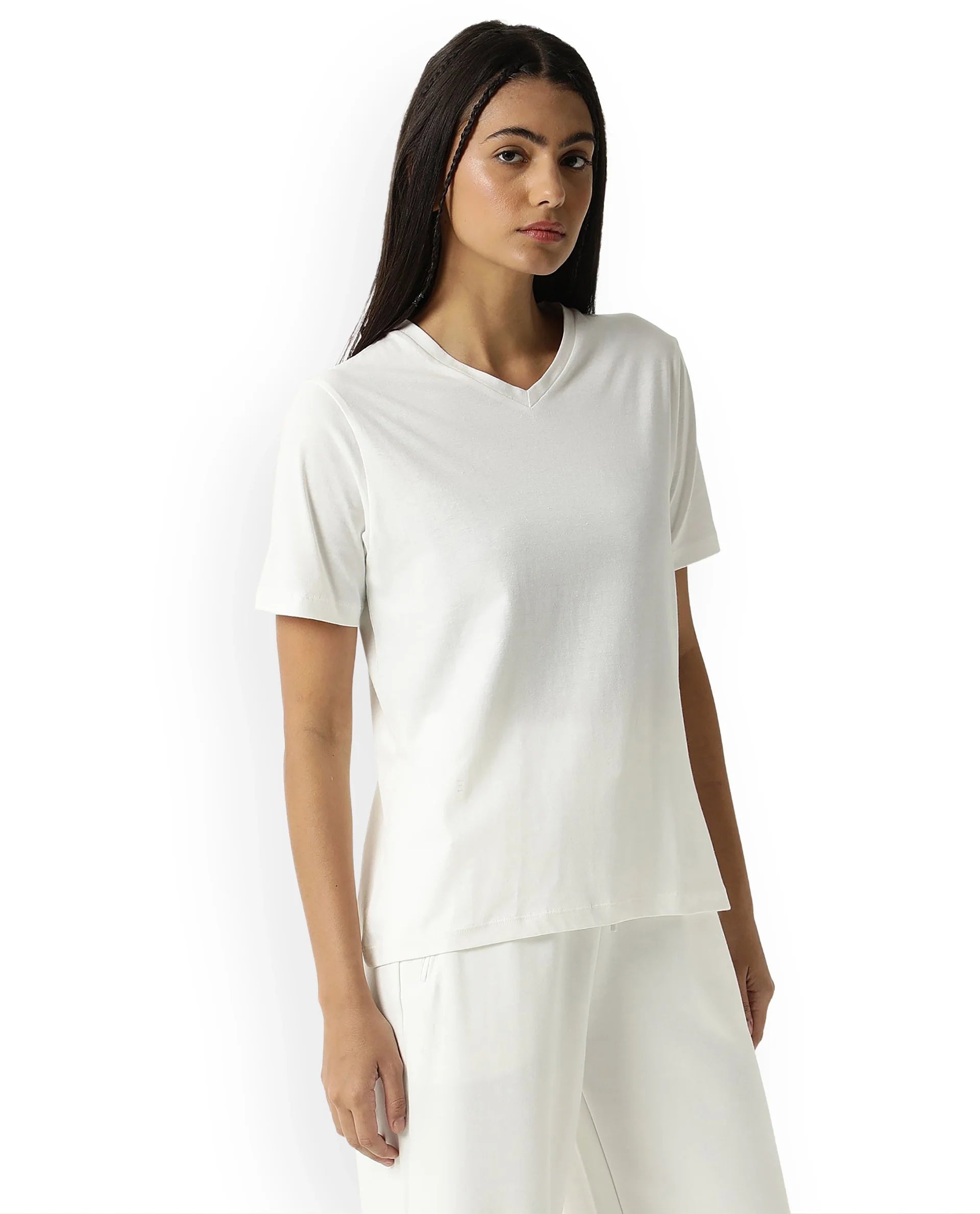 Rareism Women Arvi Off White Cotton Blend Fabric Regular Fit Half Sleeves Solid V-Neck T-Shirt