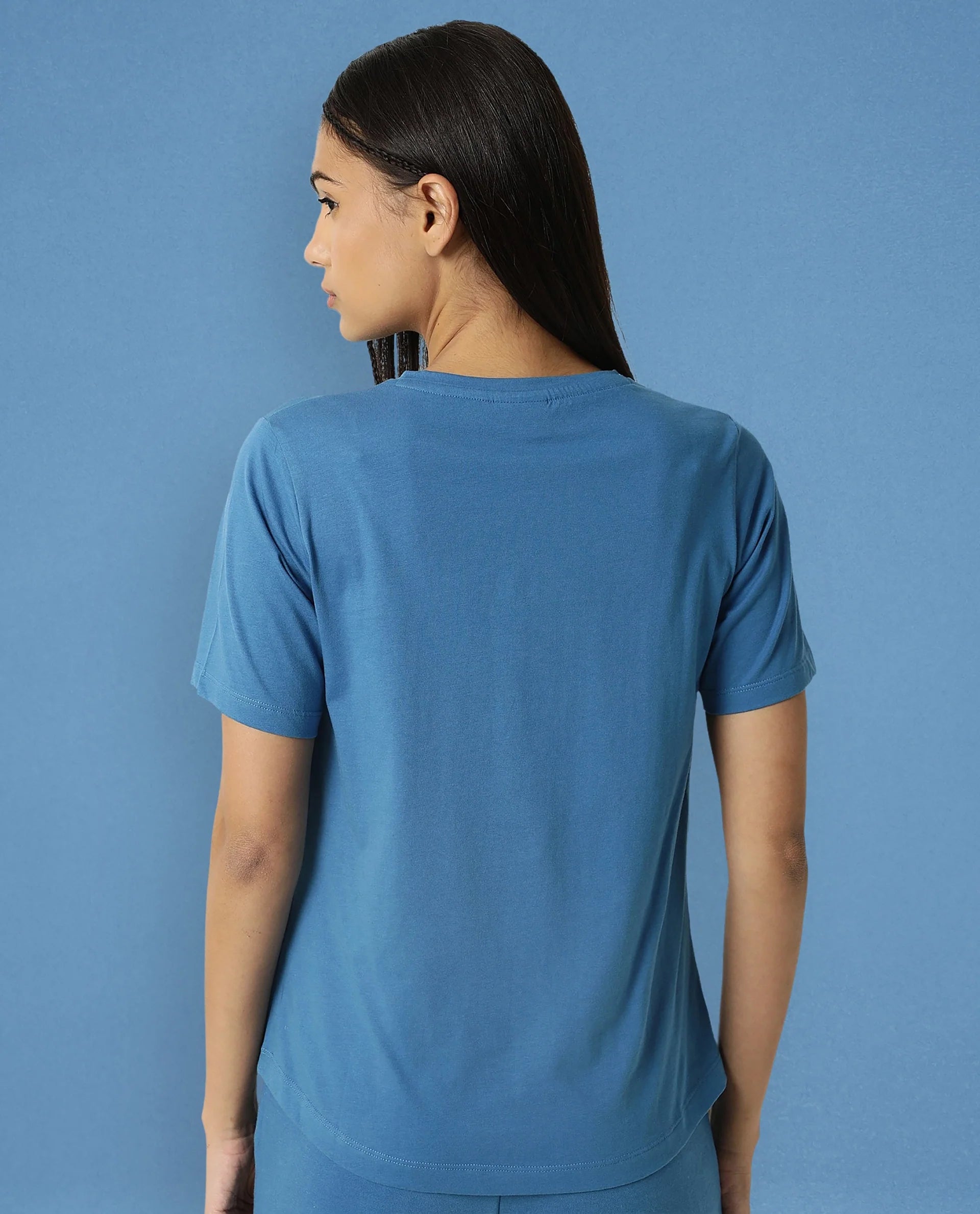 Rareism Women Arvi Petrol Cotton Blend Fabric Regular Fit Half Sleeves Solid V-Neck T-Shirt