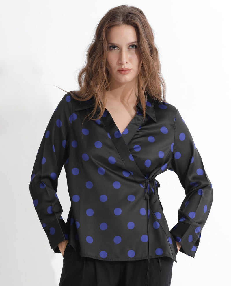 Rareism Women Arzoo Black Polyester Fabric Regular Fit Drop Collar Full Sleeves Polka Print Top