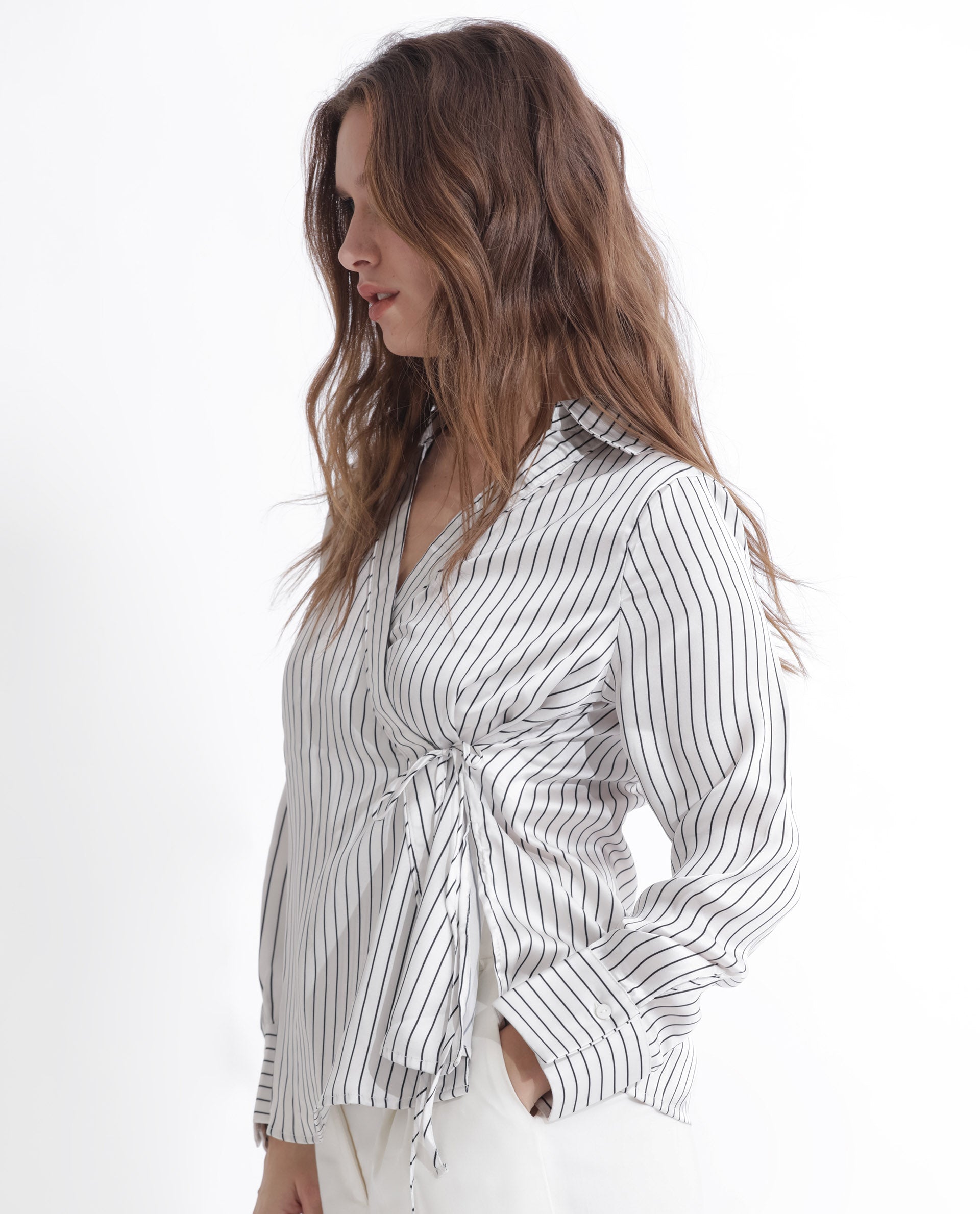 Rareism Women's Arzoo White Polyester Johnny Collar Striped Regular Fit Top