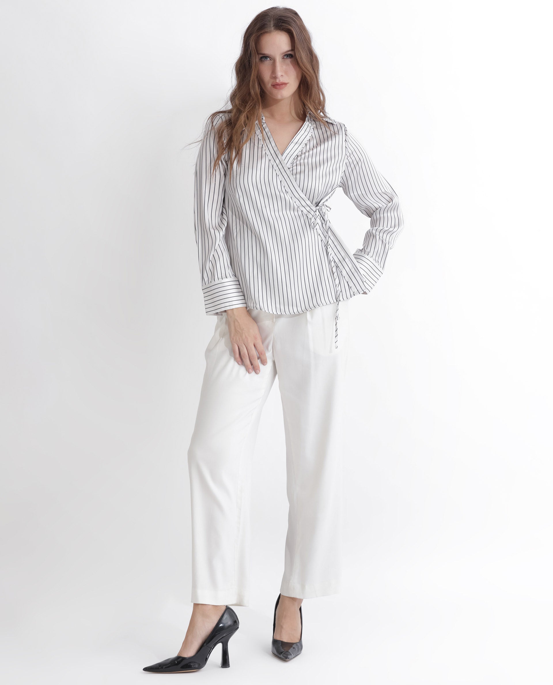 Rareism Women's Arzoo White Polyester Johnny Collar Striped Regular Fit Top