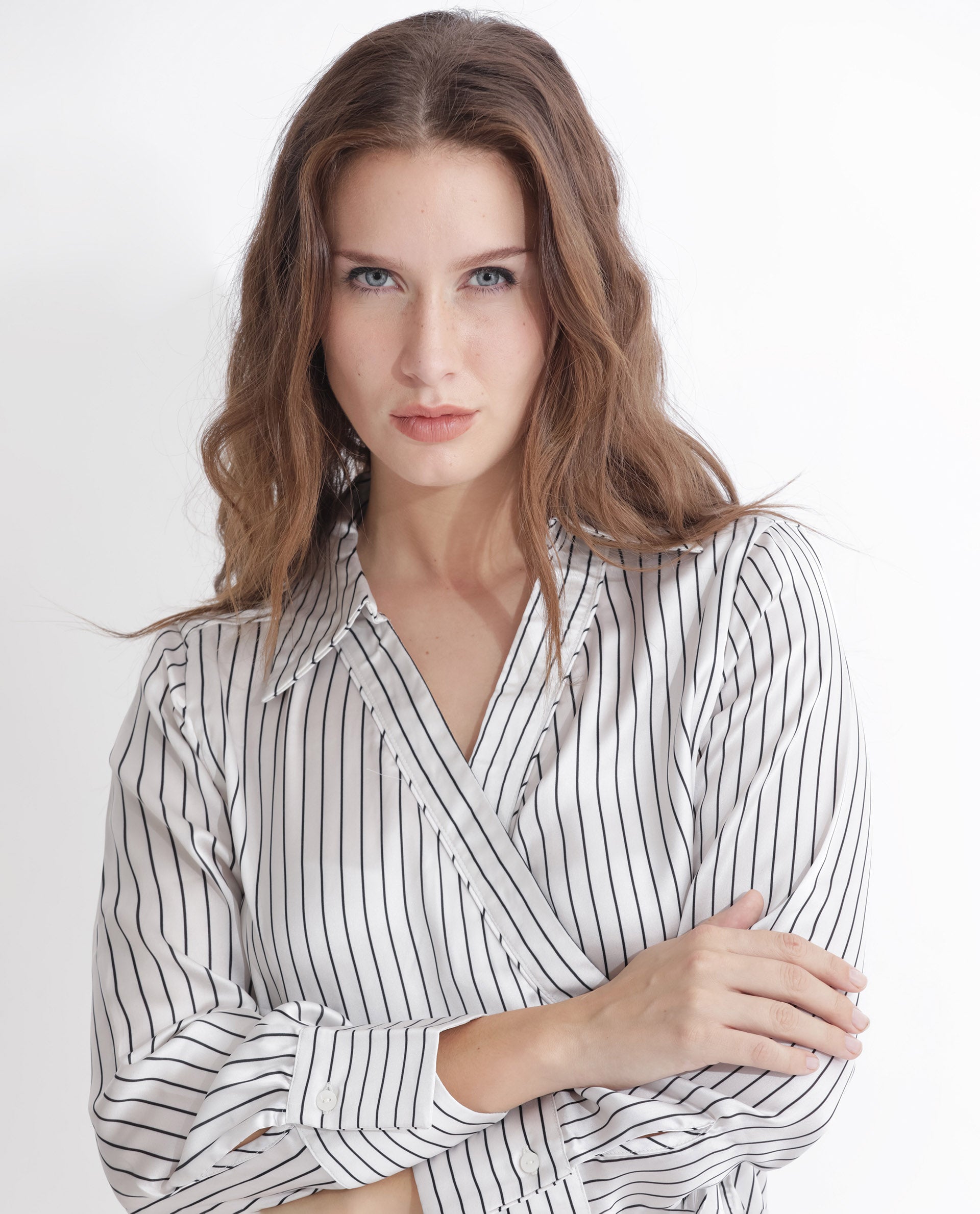Rareism Women's Arzoo White Polyester Johnny Collar Striped Regular Fit Top