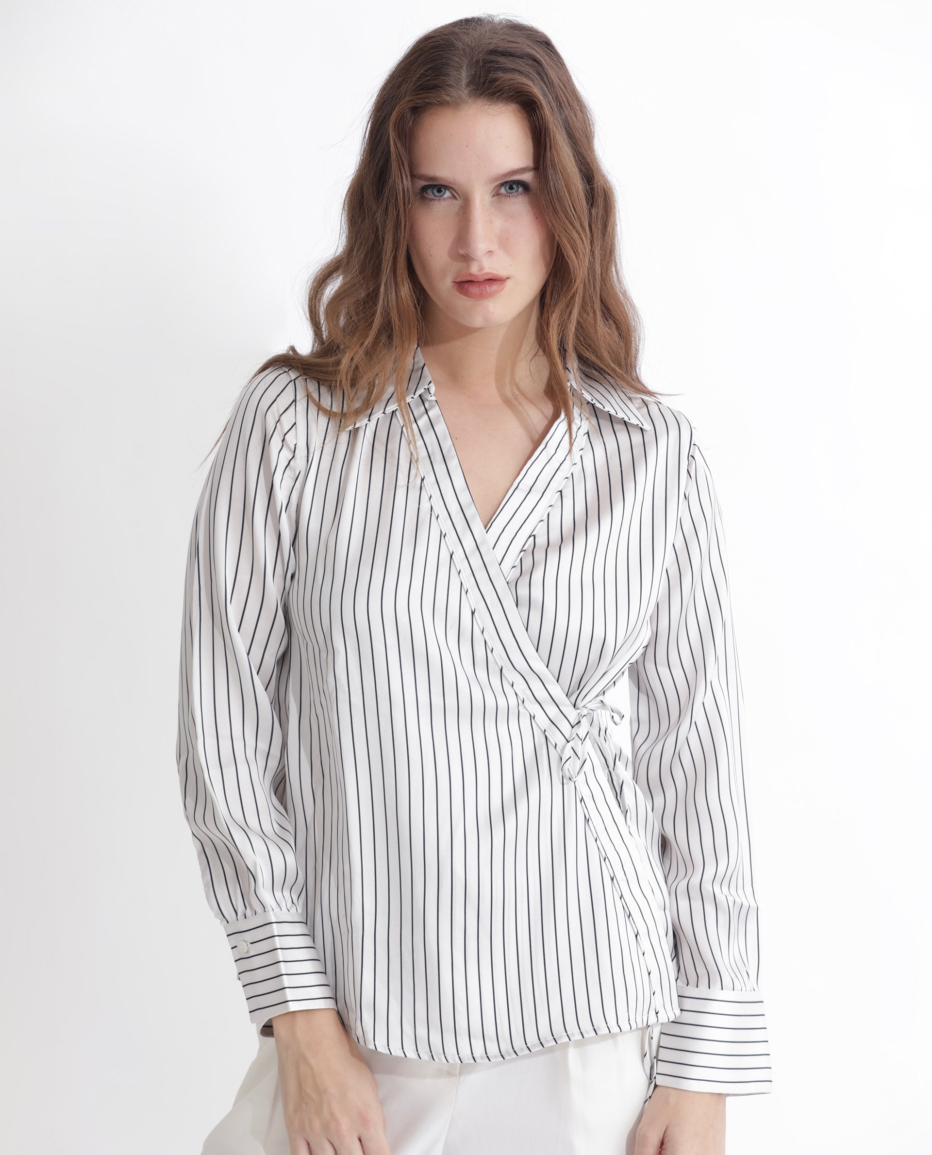 Rareism Women's Arzoo White Polyester Johnny Collar Striped Regular Fit Top