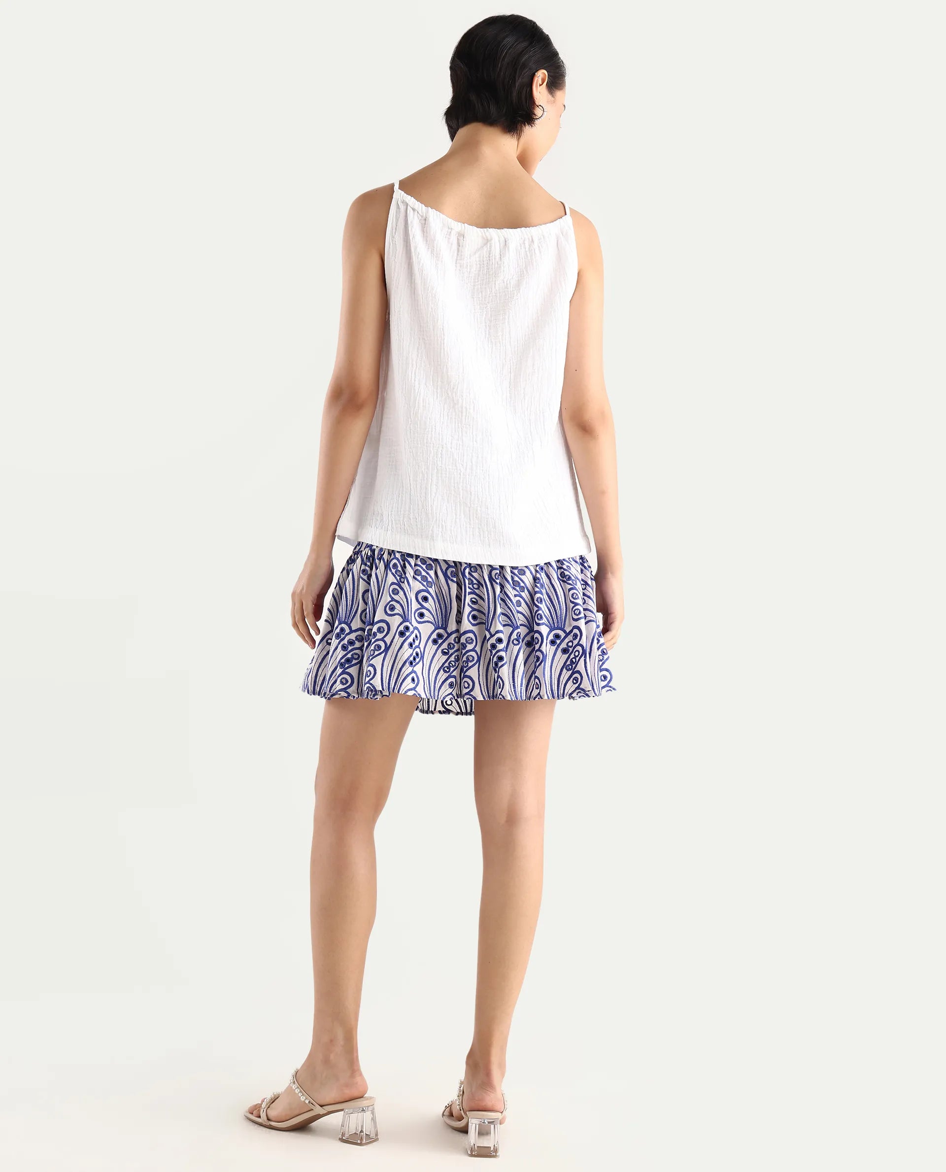 Rareism Women's Asami Blue Cotton Schiffli Mini Fit And Flare Skirt