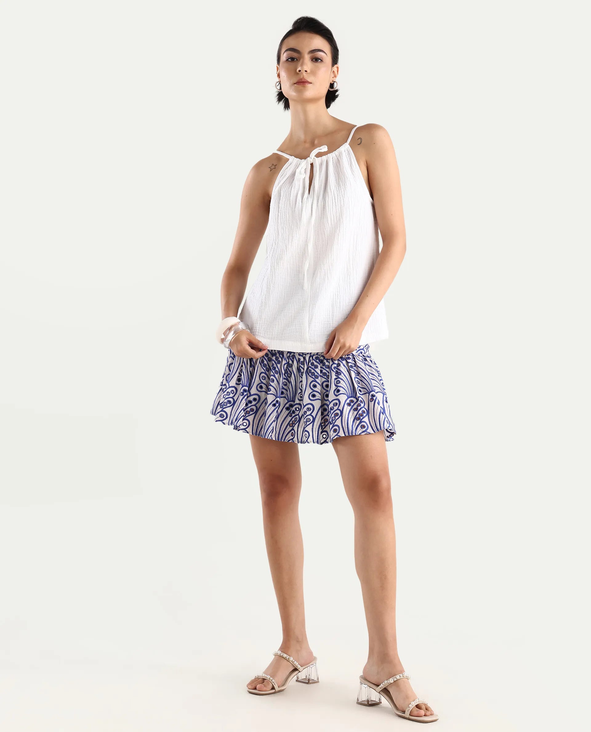 Rareism Women's Asami Blue Cotton Schiffli Mini Fit And Flare Skirt