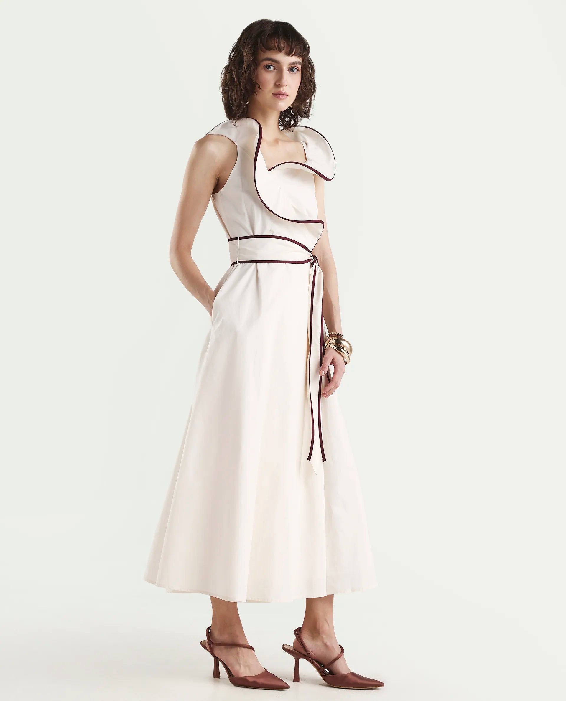 Rareism Women's Ashen Off White Cotton Sleeveless Fit And Flare Plain Dress