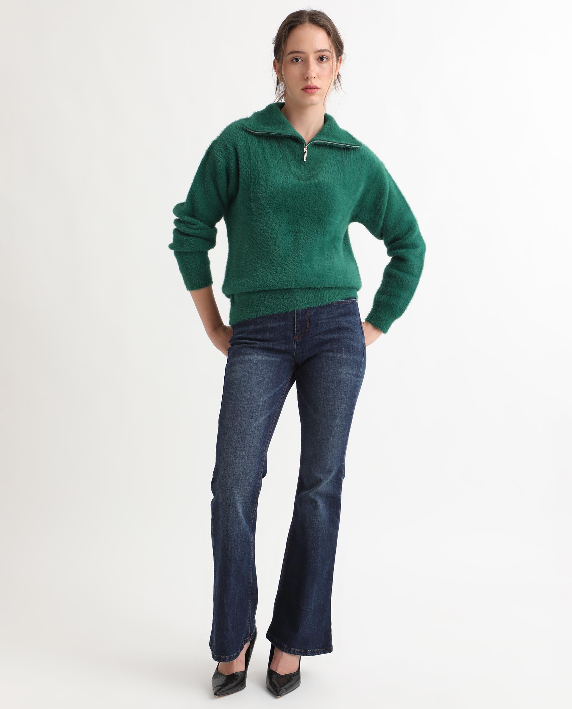 Rareism Women Asser Green Nylon Fabric Full Sleeves Regular Fit Solid Drop Collar Sweater