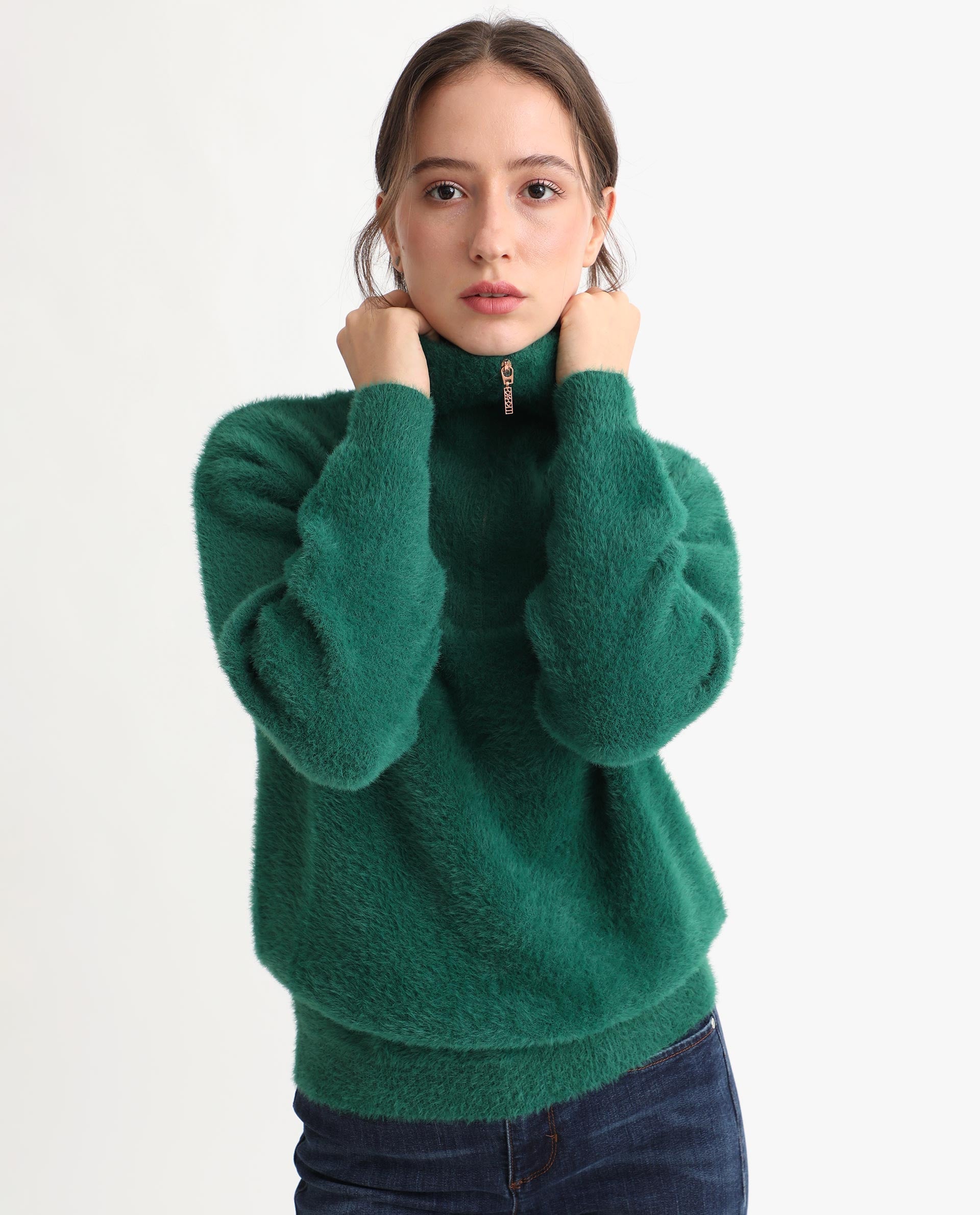 Rareism Women Asser Green Nylon Fabric Full Sleeves Regular Fit Solid Drop Collar Sweater