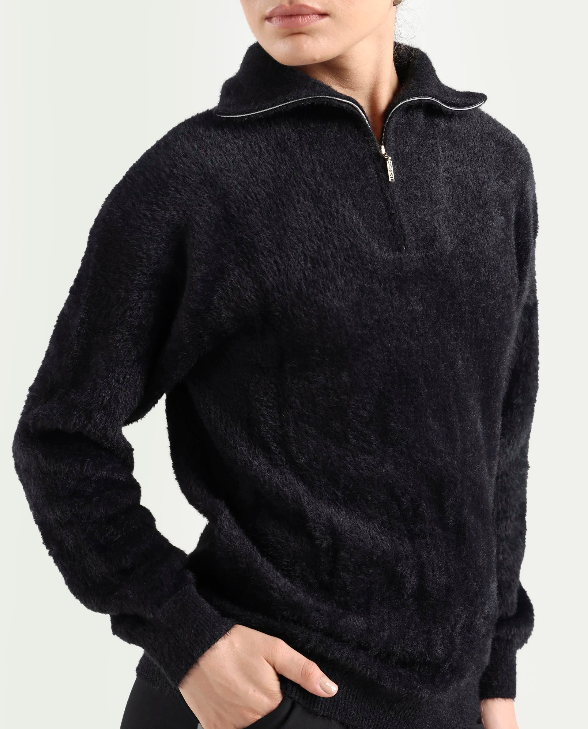 Rareism Women's Asser Black Nylon Drop Collar Plain Relaxed Fit Sweater