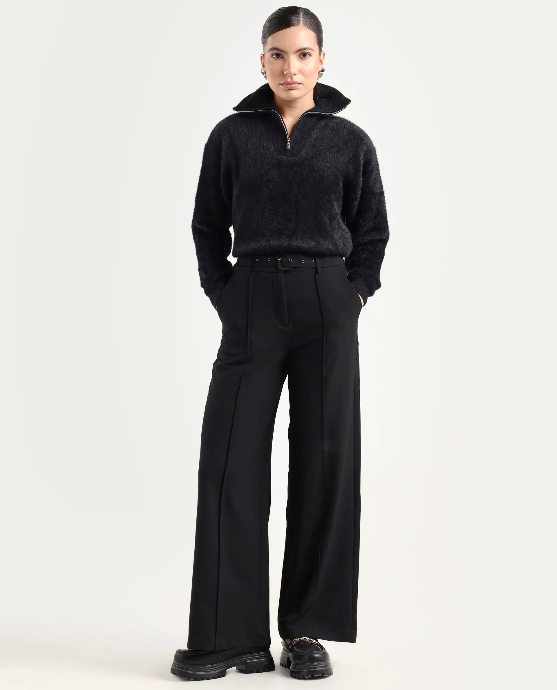 Rareism Women's Asser Black Nylon Drop Collar Plain Relaxed Fit Sweater