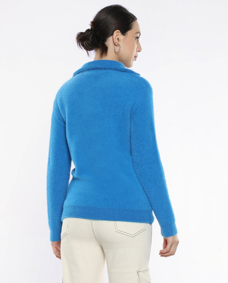 Rareism Women Asser Blue Plain High Neck Plain Sweater