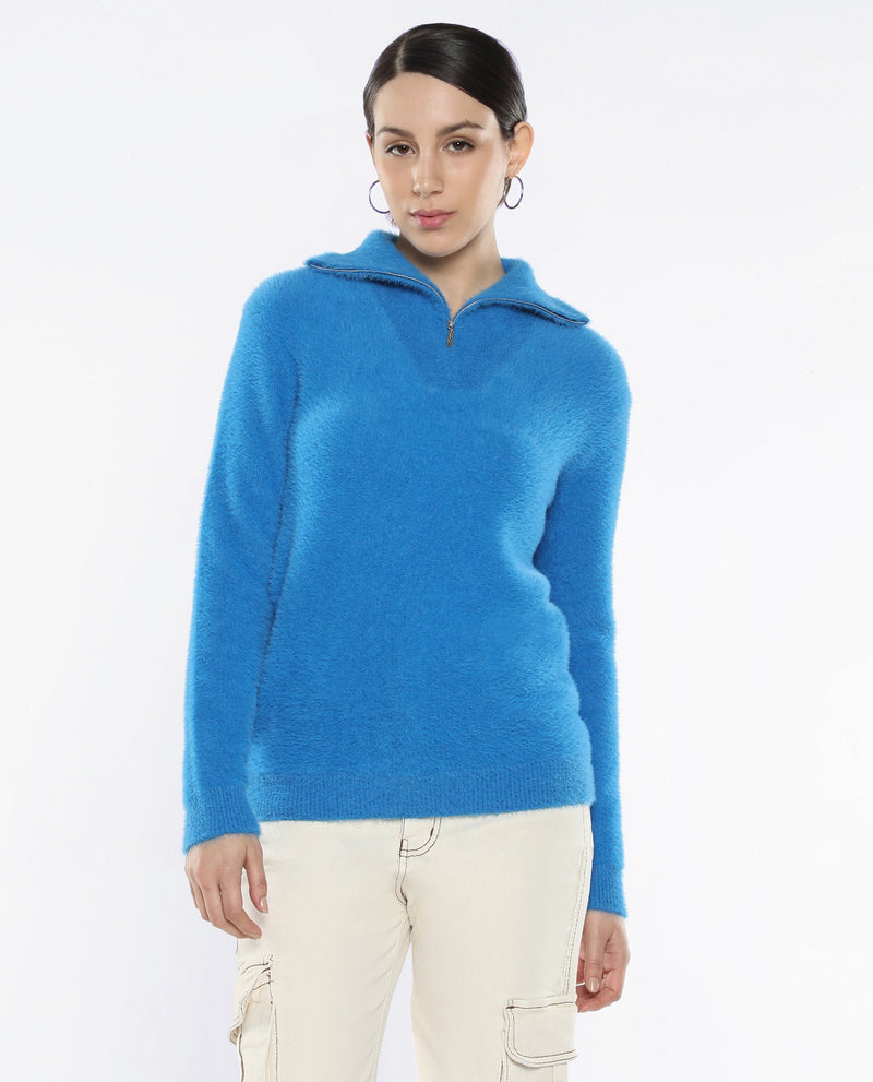 Rareism Women Asser Blue Plain High Neck Plain Sweater