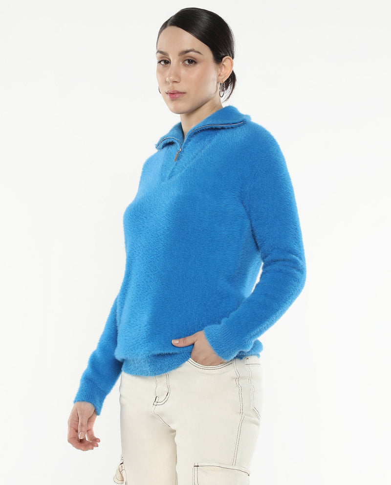 Rareism Women Asser Blue Plain High Neck Plain Sweater