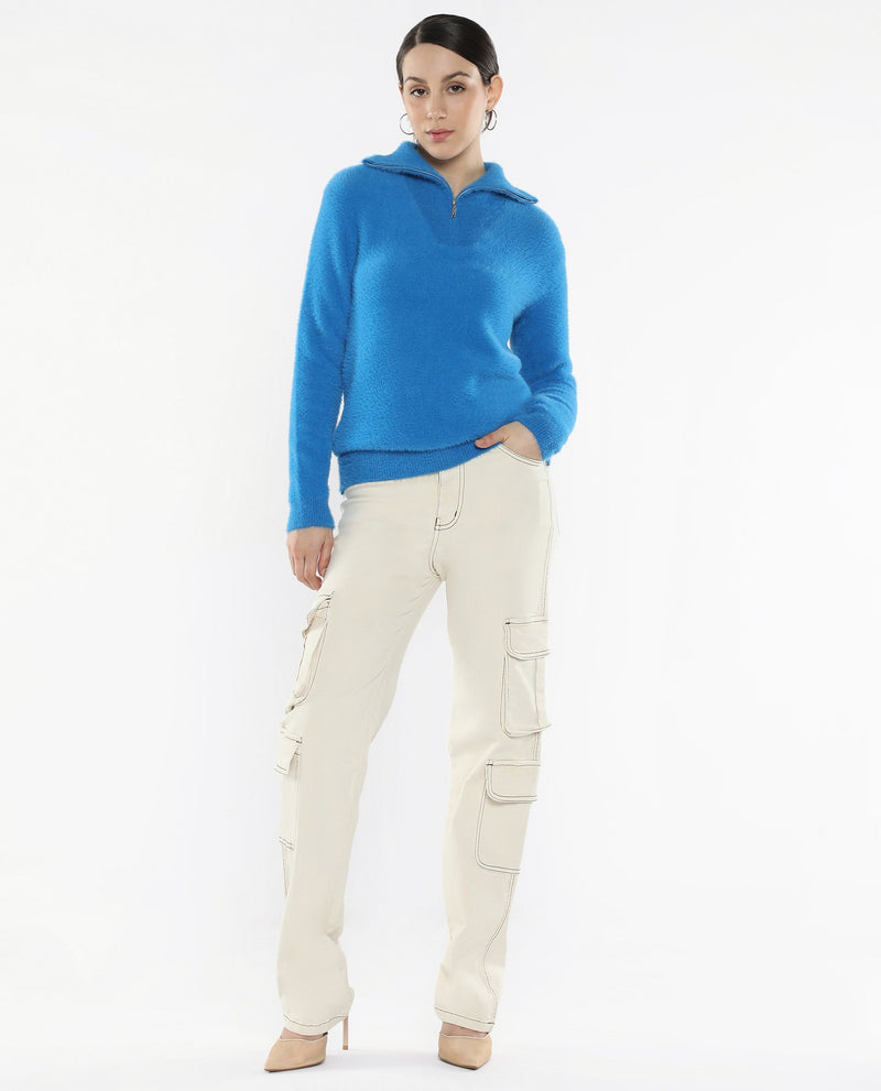 Rareism Women Asser Blue Plain High Neck Plain Sweater