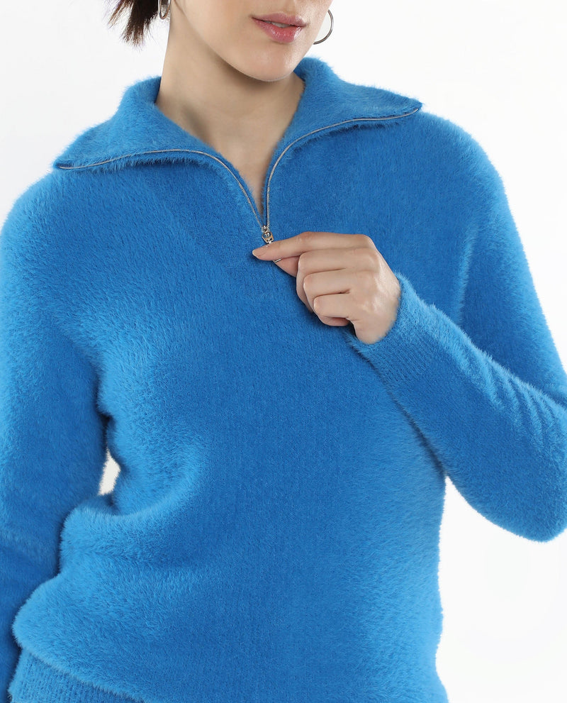 Rareism Women Asser Blue Plain High Neck Plain Sweater