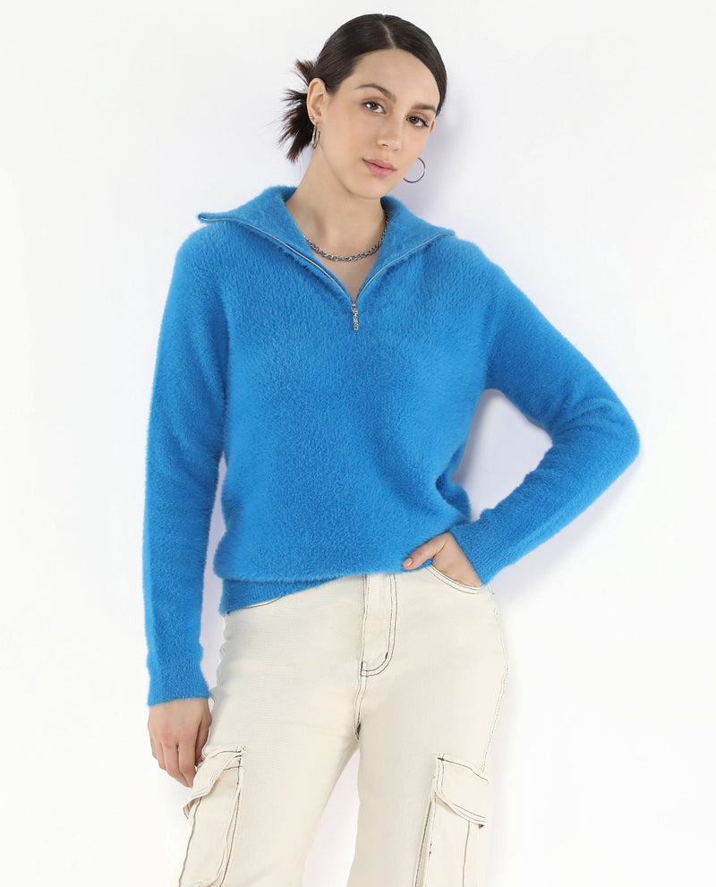 Rareism Women Asser Blue Plain High Neck Plain Sweater