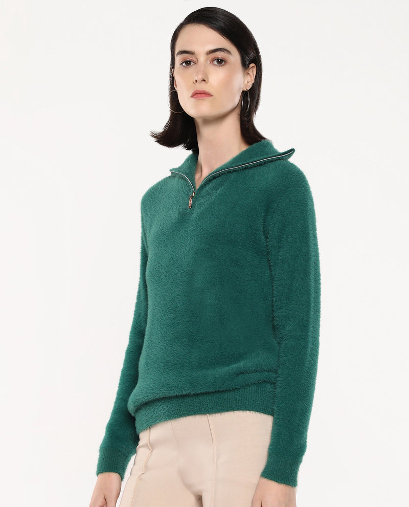 Rareism Women Asser Green Full Sleeve High Neck Plain Sweater