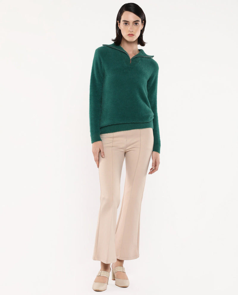 Rareism Women Asser Green Full Sleeve High Neck Plain Sweater