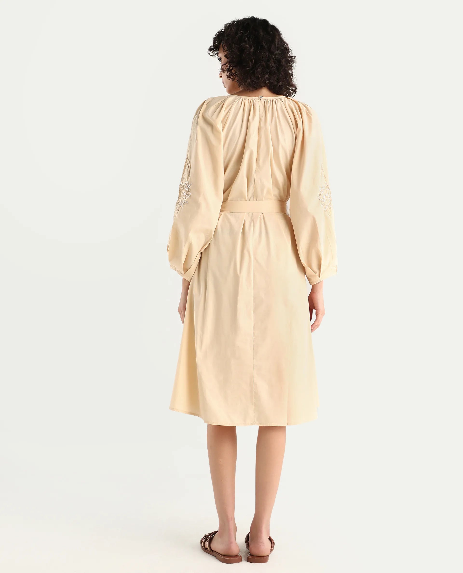 Rareism Women's Asta Light Beige Cotton Round Neck Plain Raglan Sleeve Midi A-Line Dress