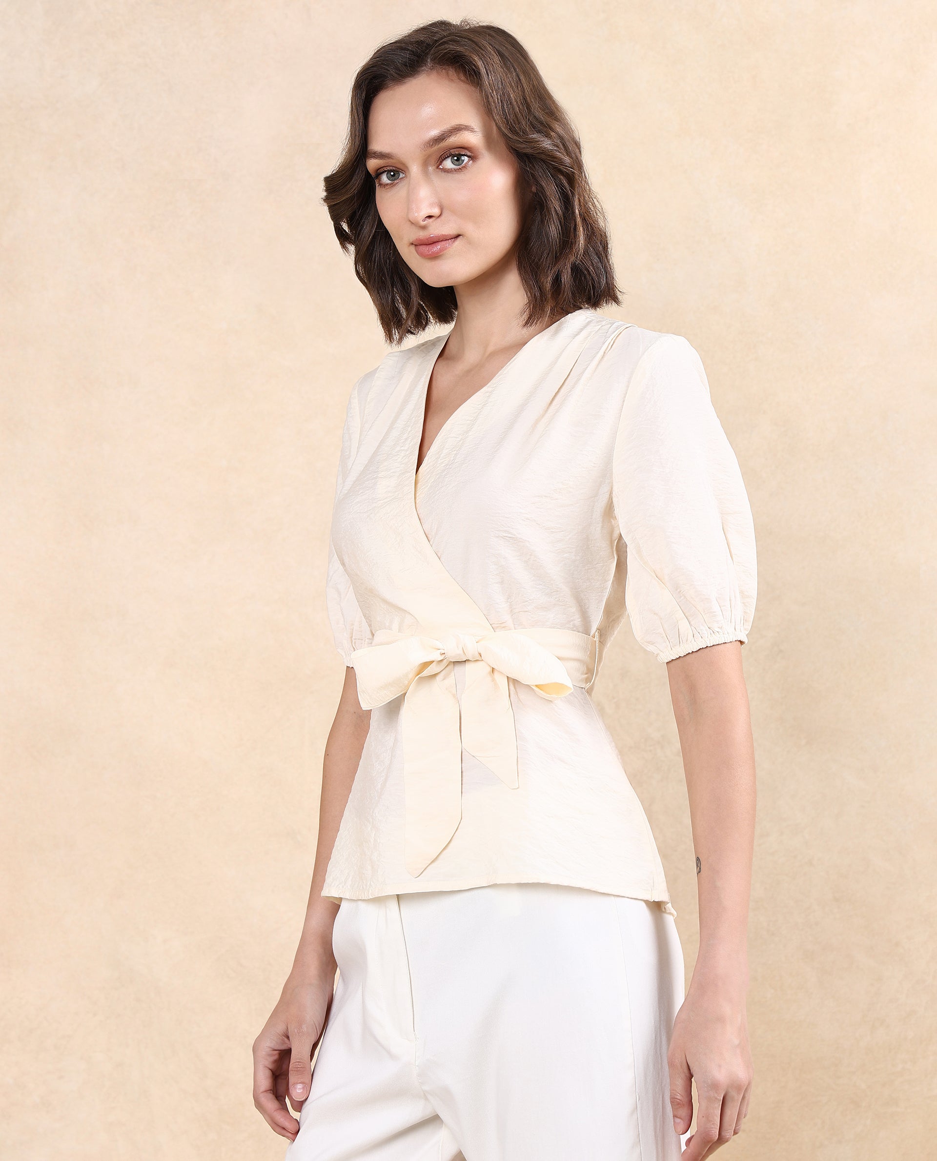 Rareism Women's Astina Light Beige Nylon Blend Overlap Neck Plain Puff Sleeves Regular Fit Top
