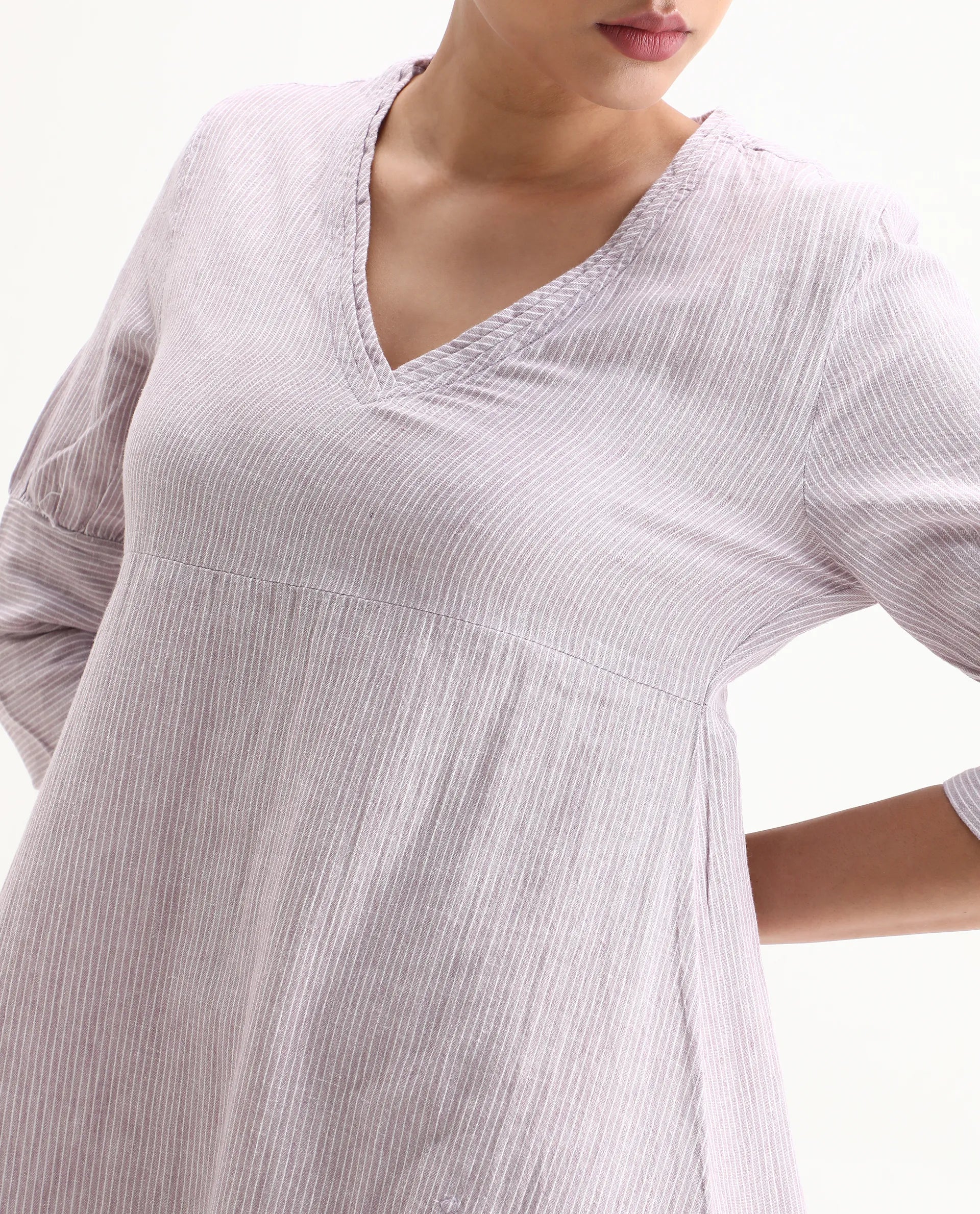 Rareism Women's Astrid Purple Linen V-Neck Striped Knee Length Regular Fit Dress