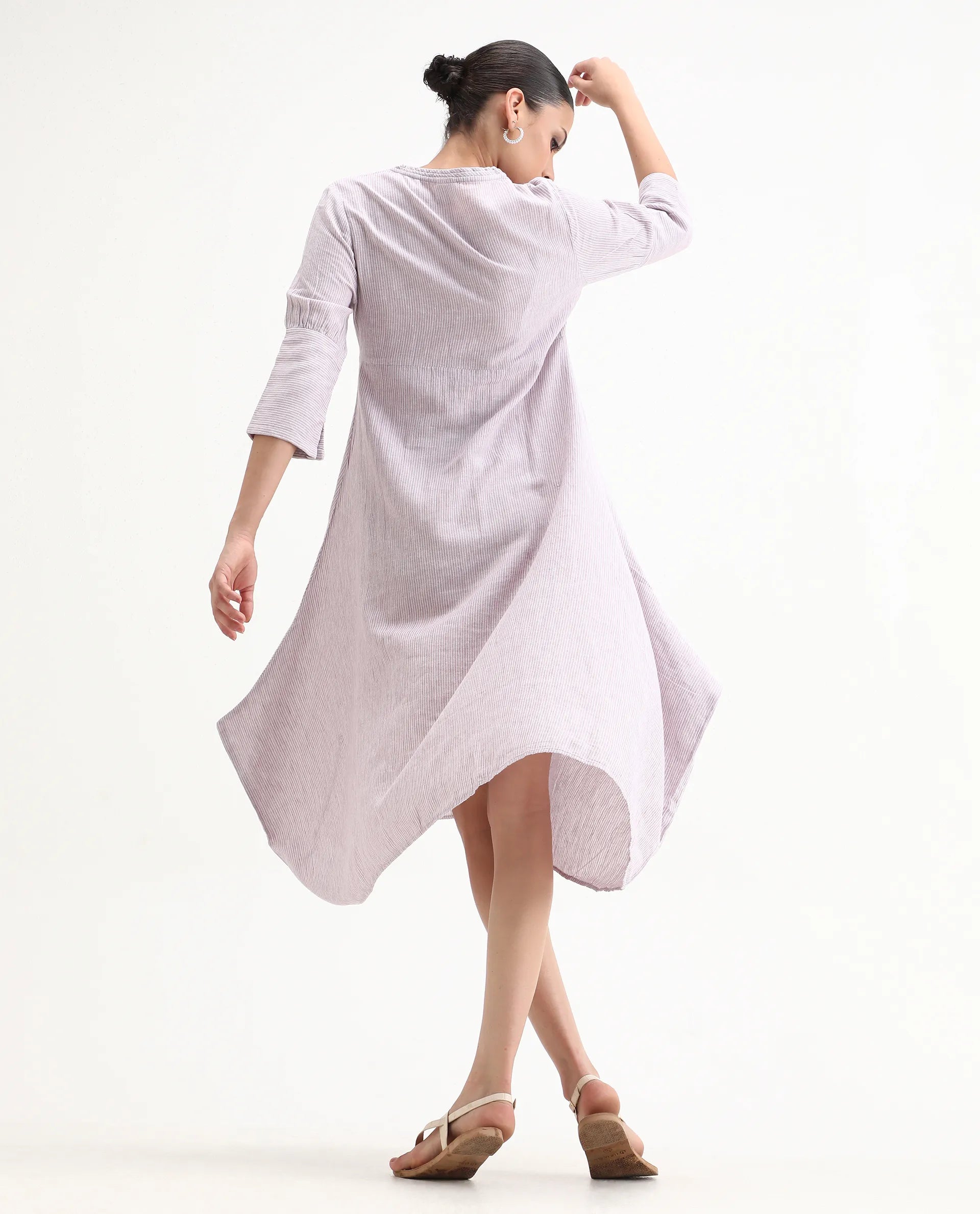 Rareism Women's Astrid Purple Linen V-Neck Striped Knee Length Regular Fit Dress