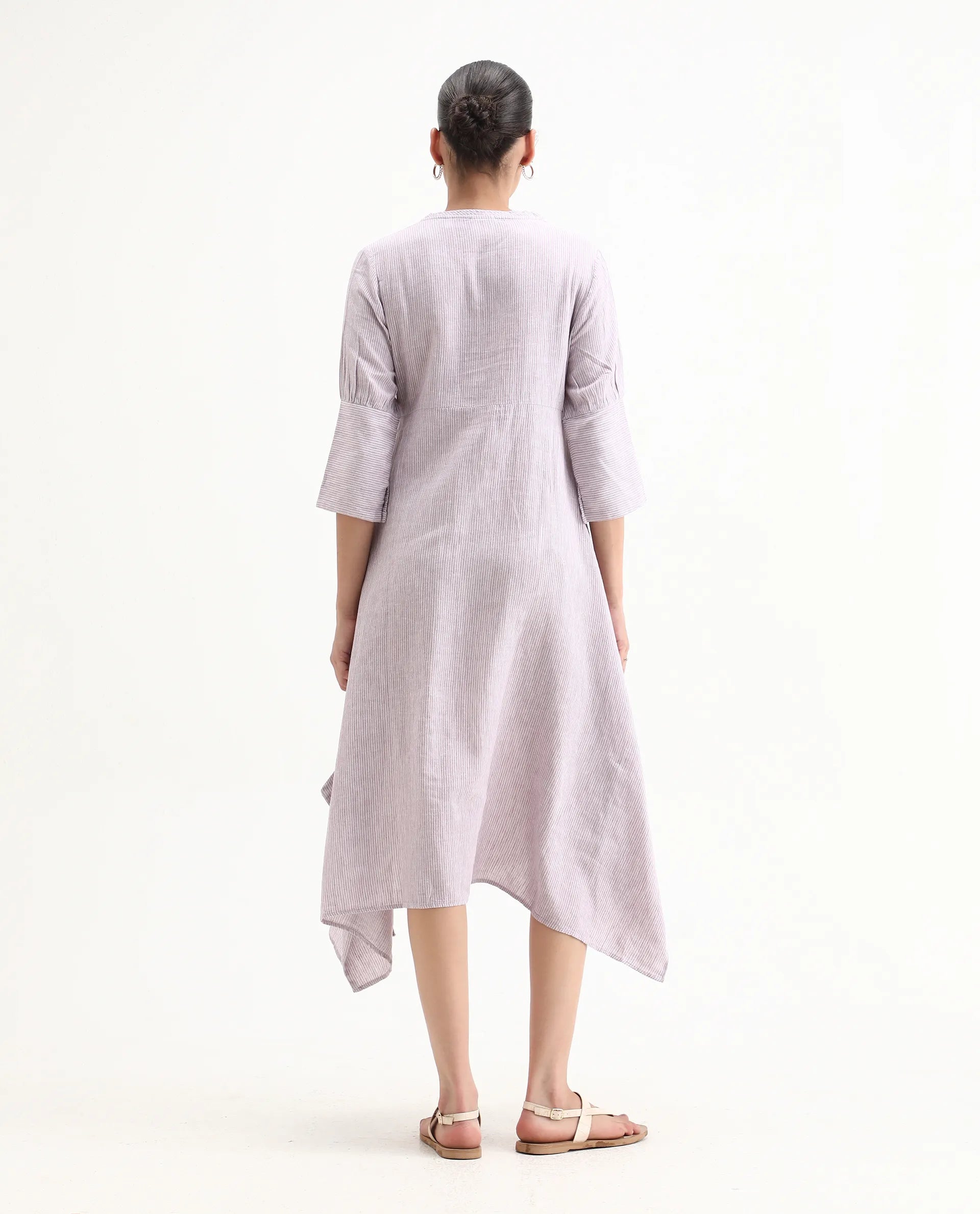 Rareism Women's Astrid Purple Linen V-Neck Striped Knee Length Regular Fit Dress