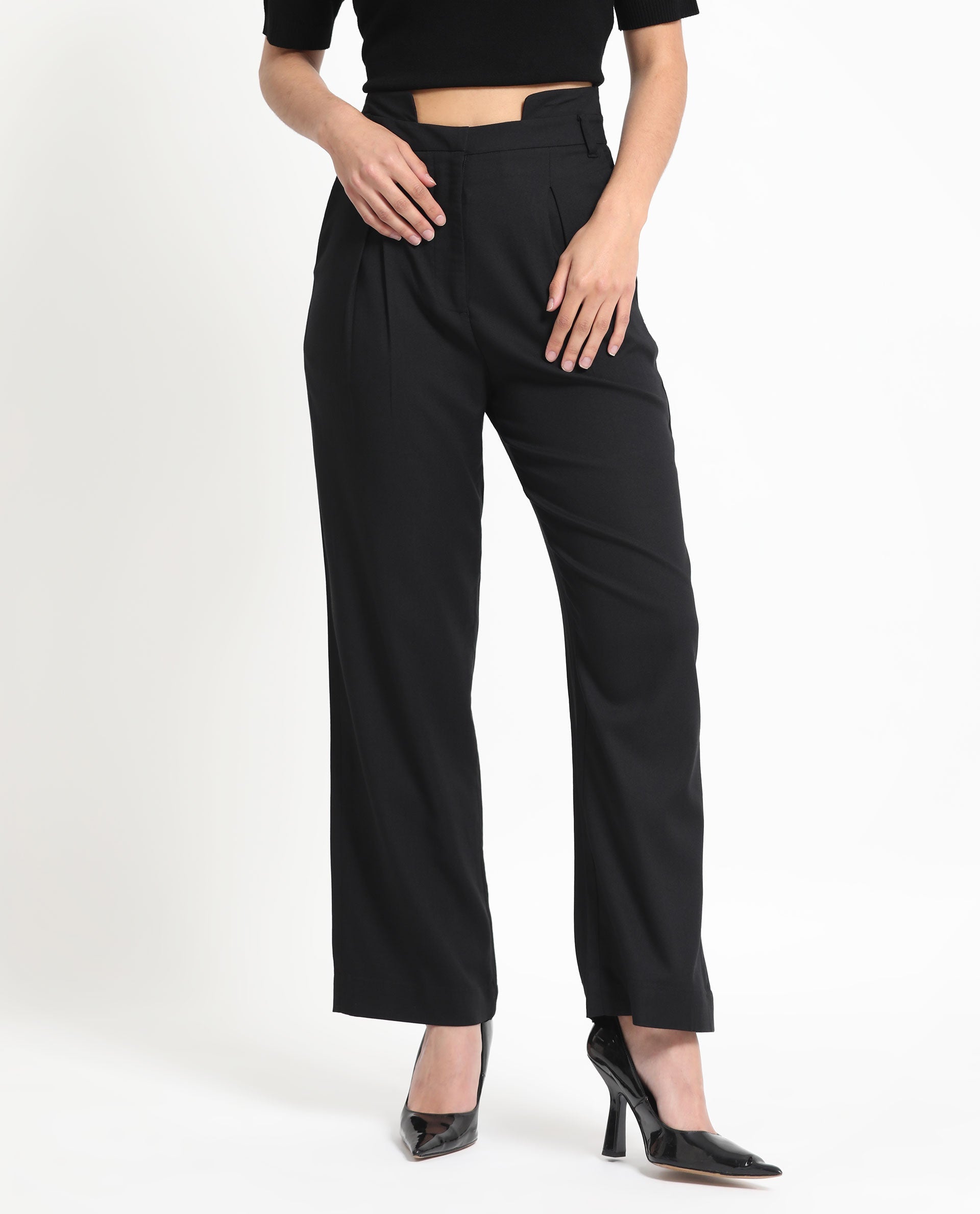 Rareism Women Atgan Black Polyester Fabric Zip Closure Tailored Fit Plain Ankle Length Trousers
