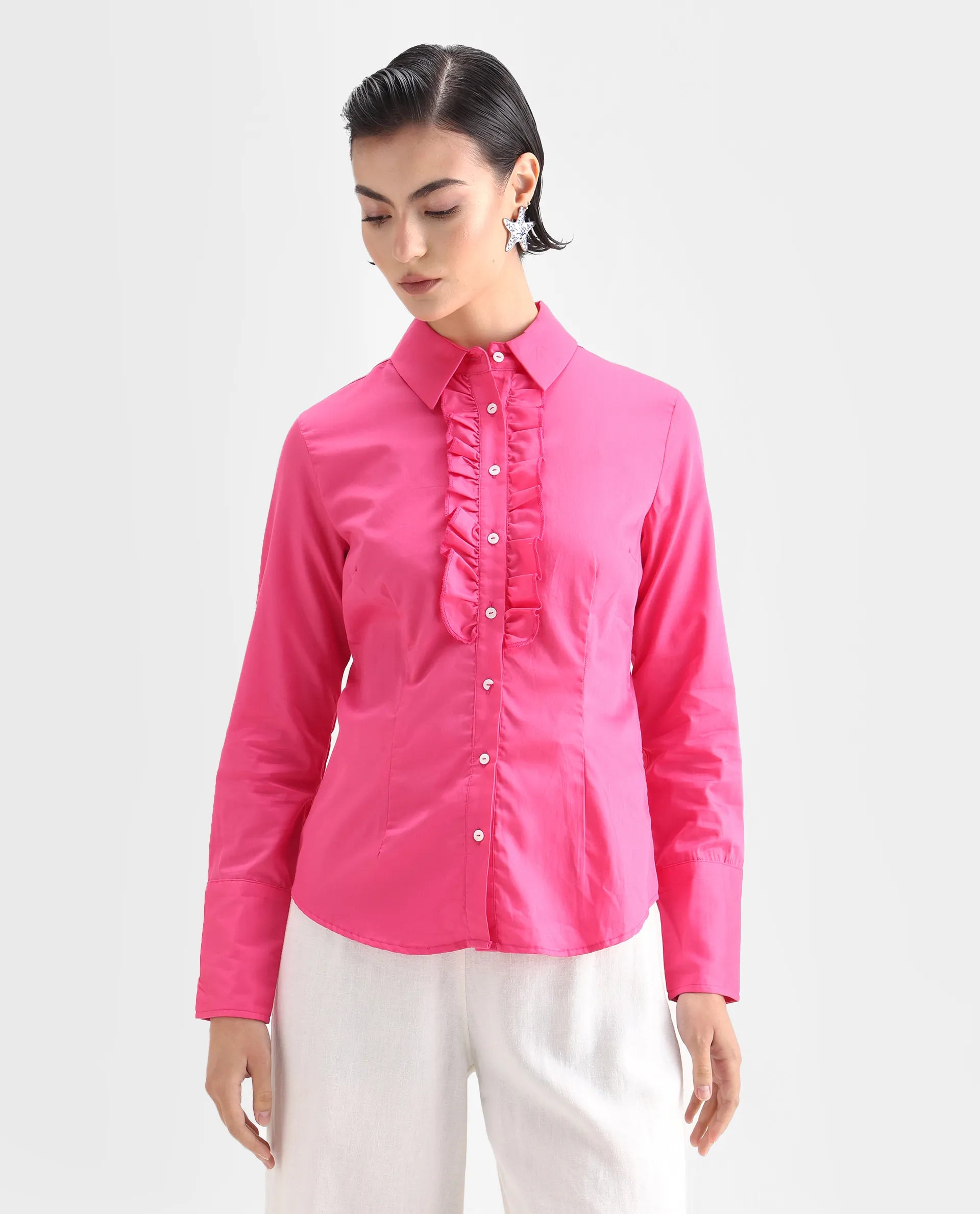 Rareism Women's Aubrey Pink Cotton Spread Collar Plain Regular Fit Top