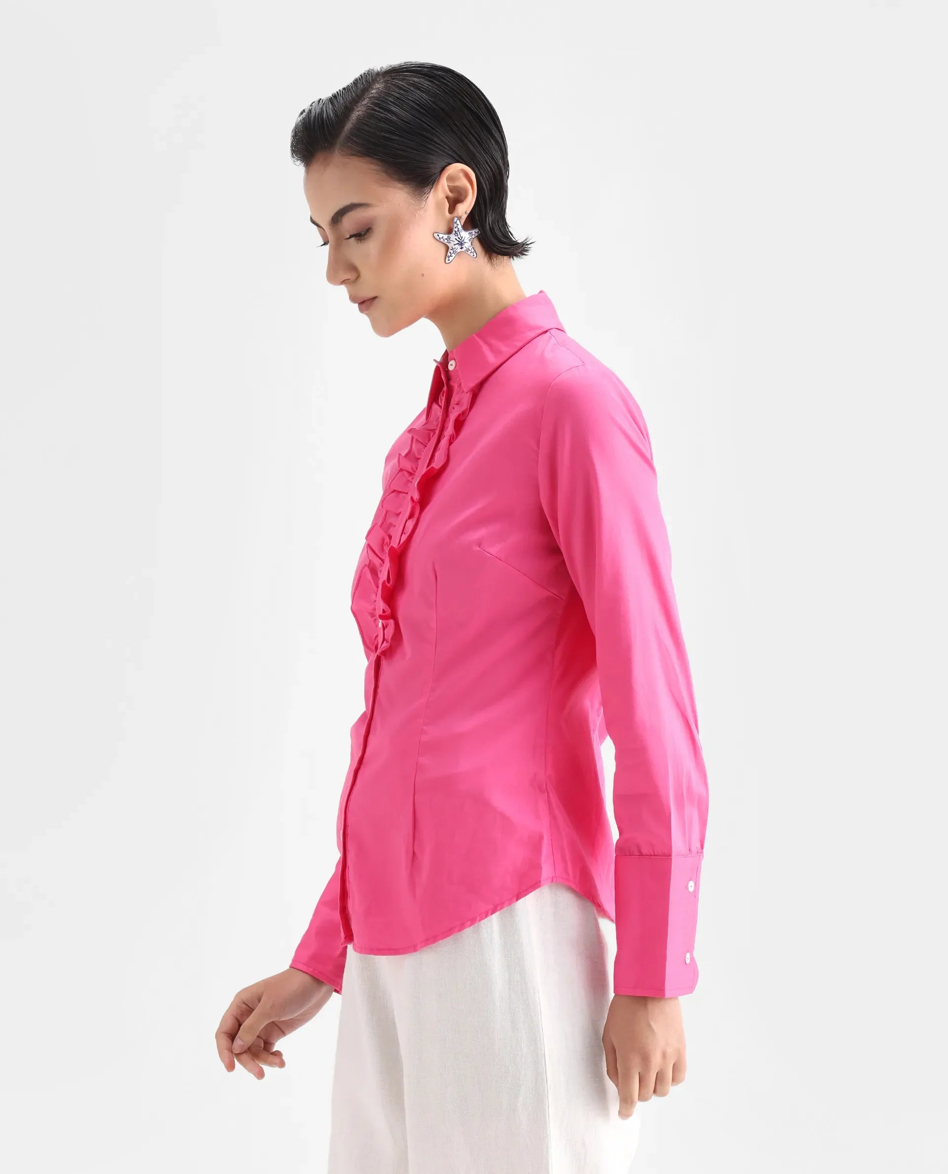 Rareism Women's Aubrey Pink Cotton Spread Collar Plain Regular Fit Top