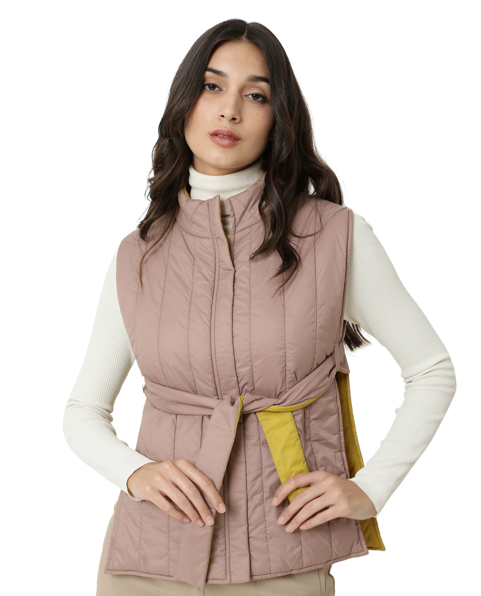 Rareism Women's Aurora Pink Polyester High Neck Plain Sleeveless Regular Fit Jacket