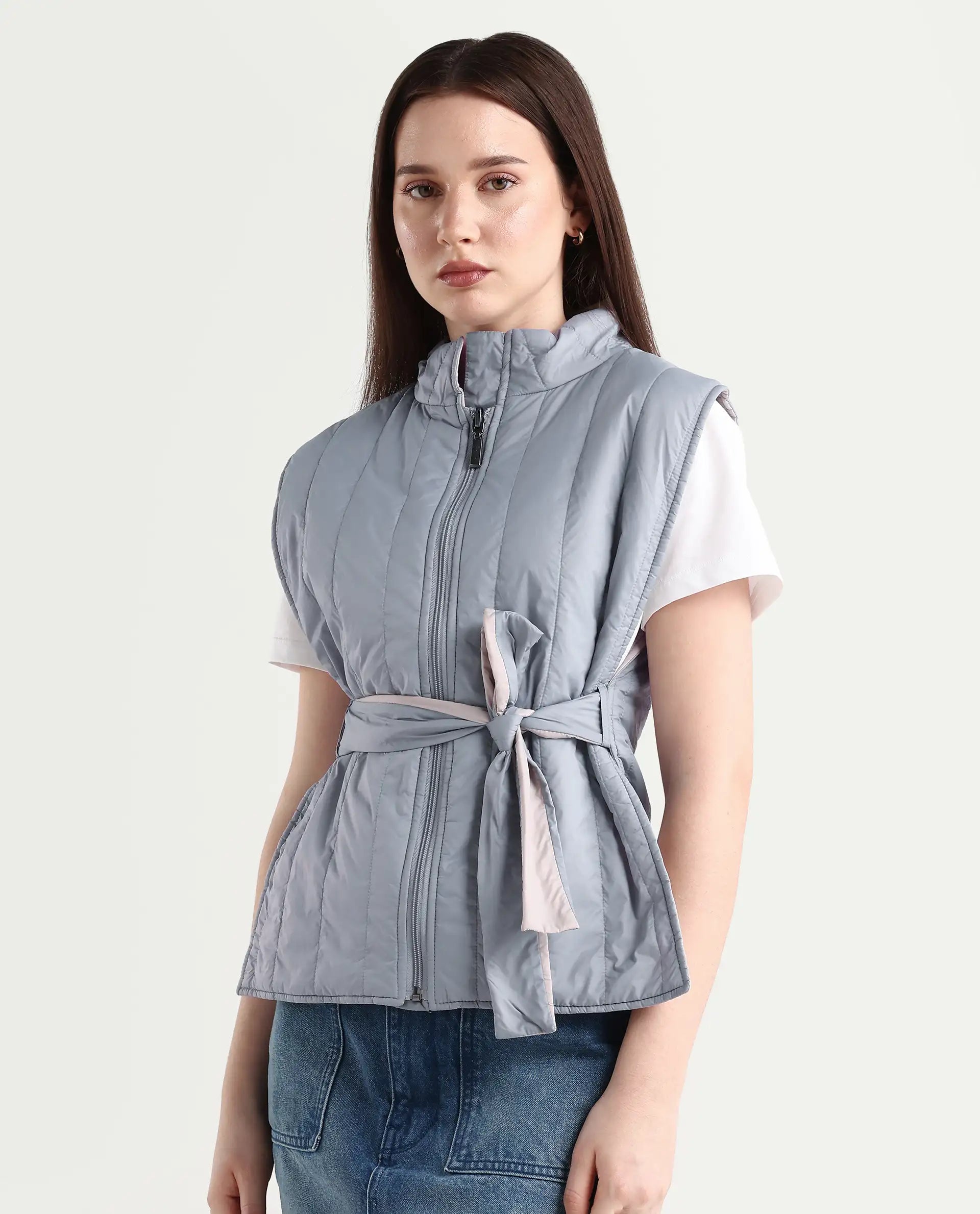 Rareism Women's Aurora Beige Polyester High Neck Plain Sleeveless Regular Fit Jacket