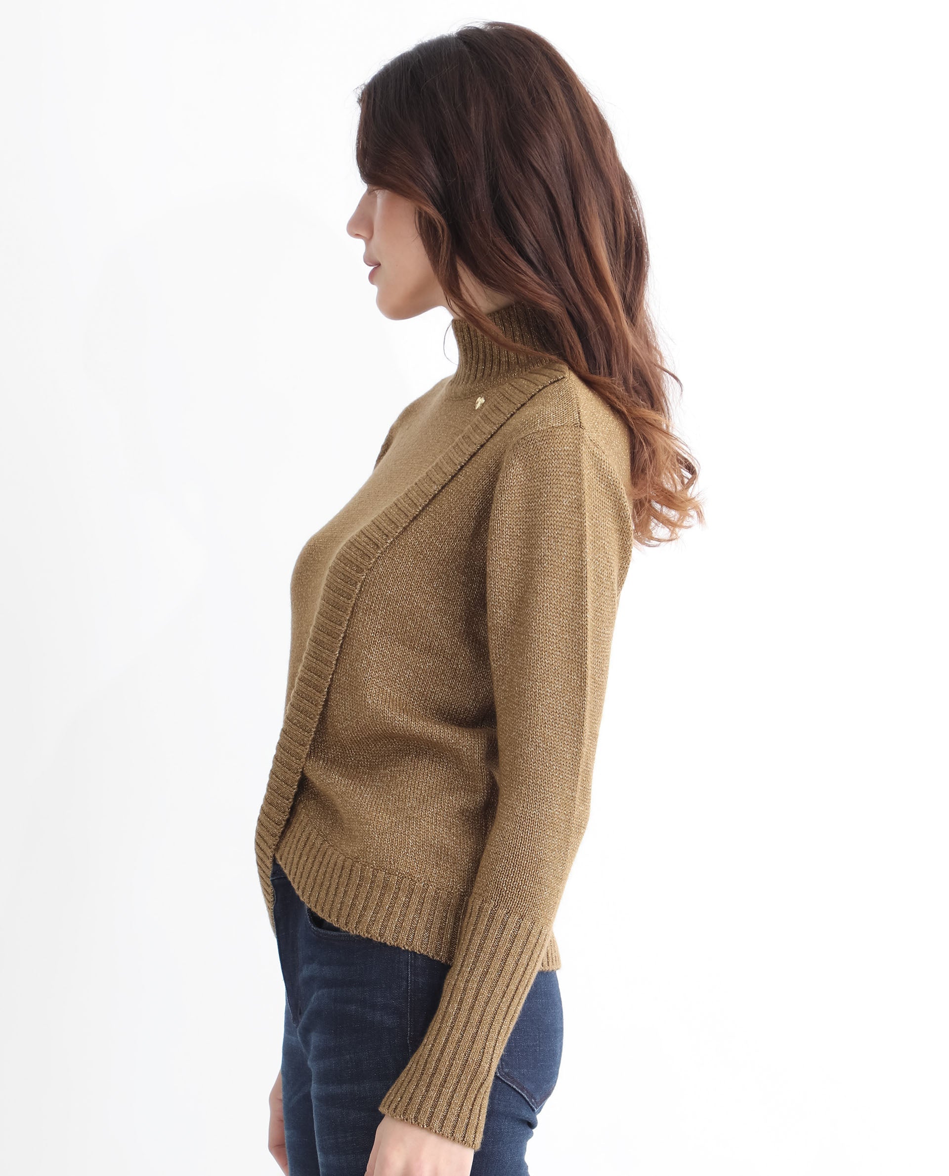 Rareism Women's Austern Gold Acrylic Turtle Neck Plain Knee Length Regular Fit Sweater