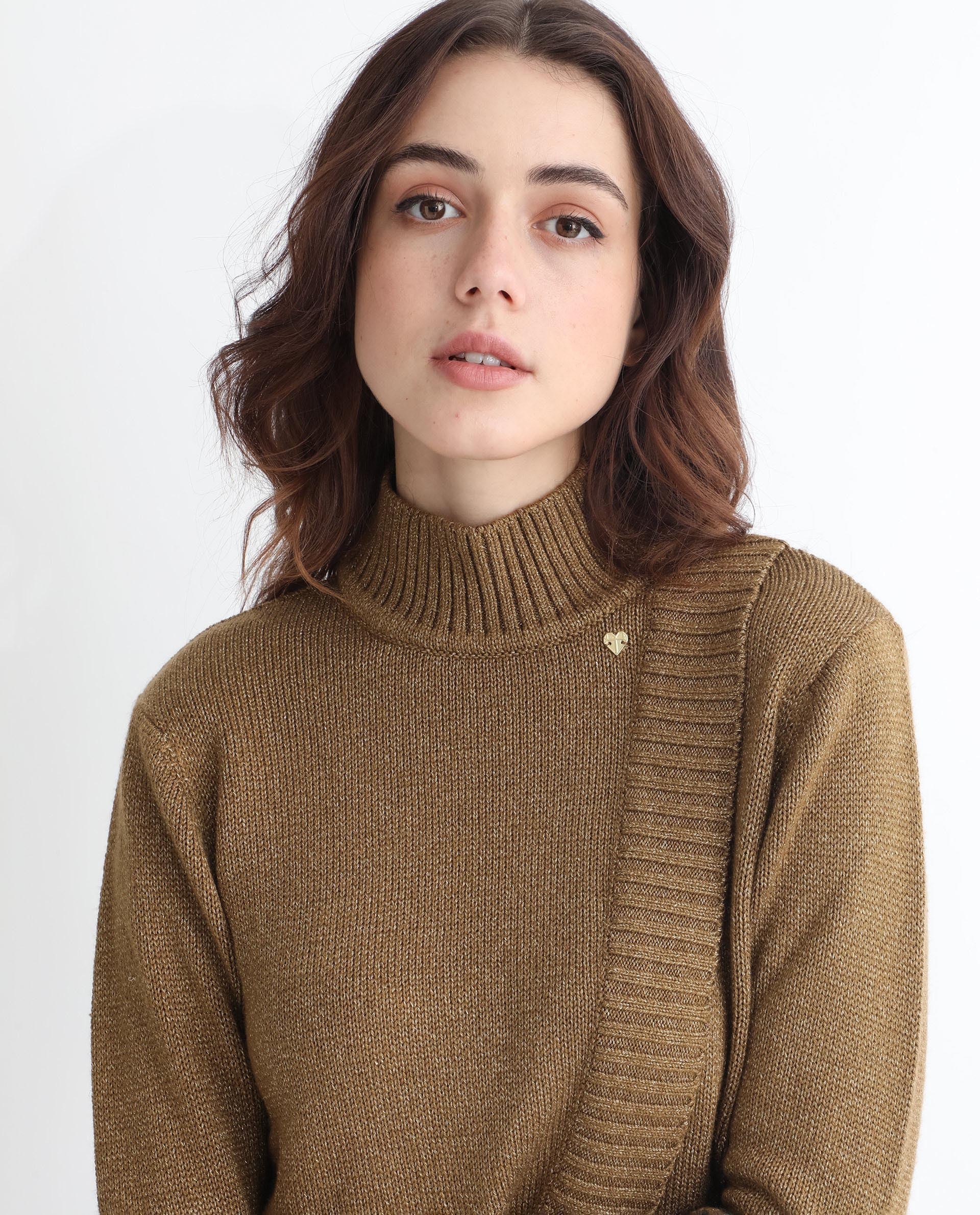 Rareism Women's Austern Gold Acrylic Turtle Neck Plain Knee Length Regular Fit Sweater