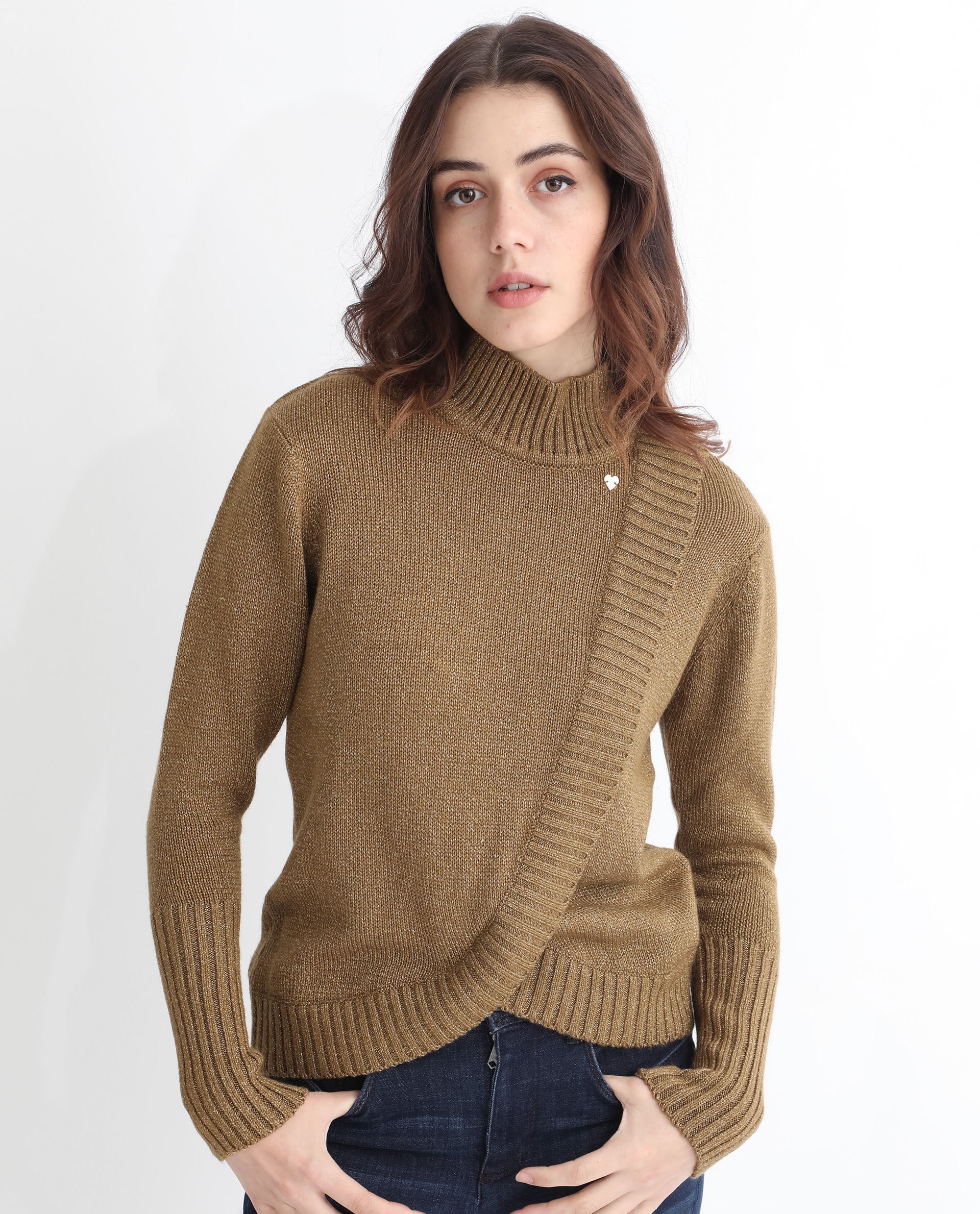 Rareism Women's Austern Gold Acrylic Turtle Neck Plain Knee Length Regular Fit Sweater