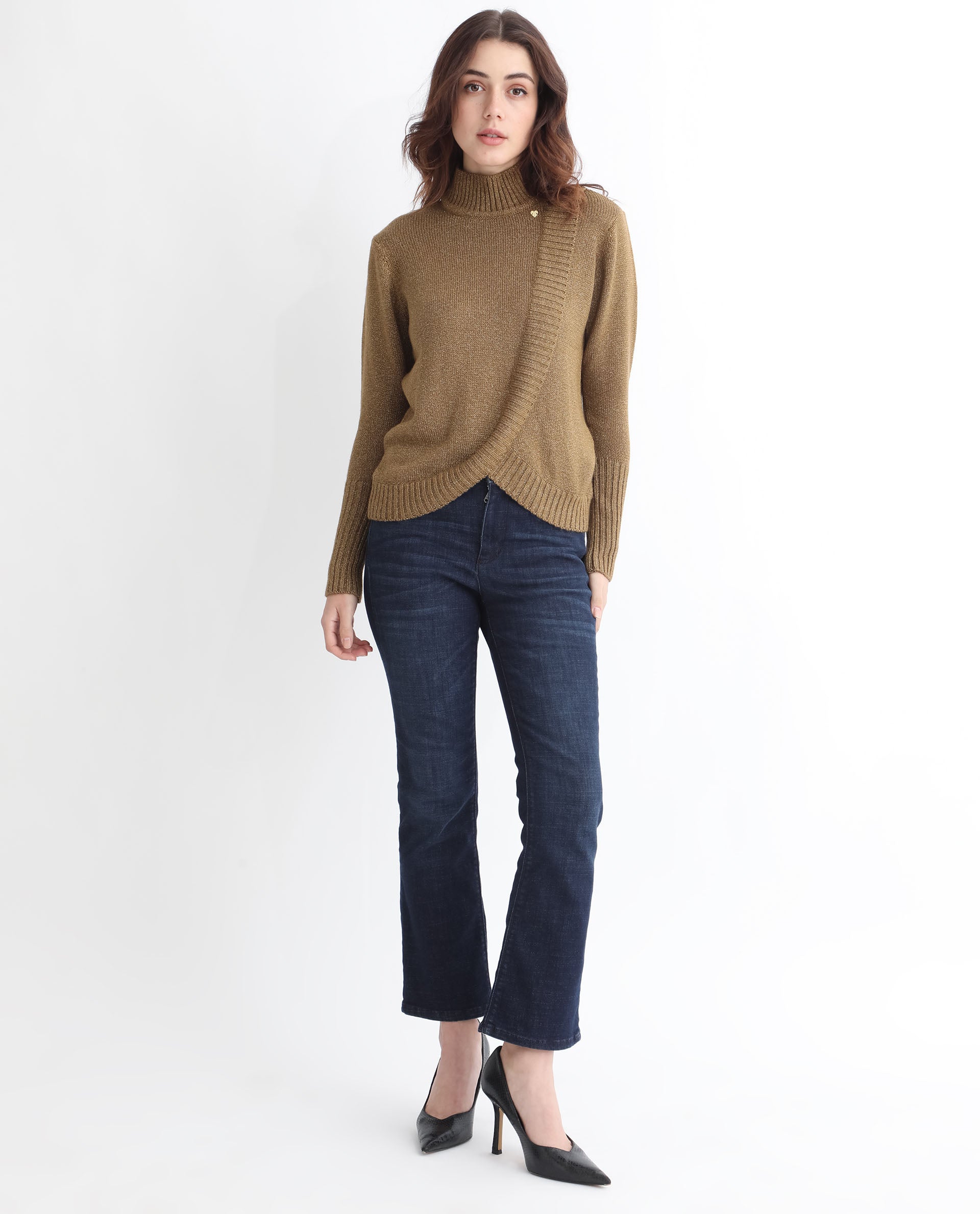 Rareism Women's Austern Gold Acrylic Turtle Neck Plain Knee Length Regular Fit Sweater