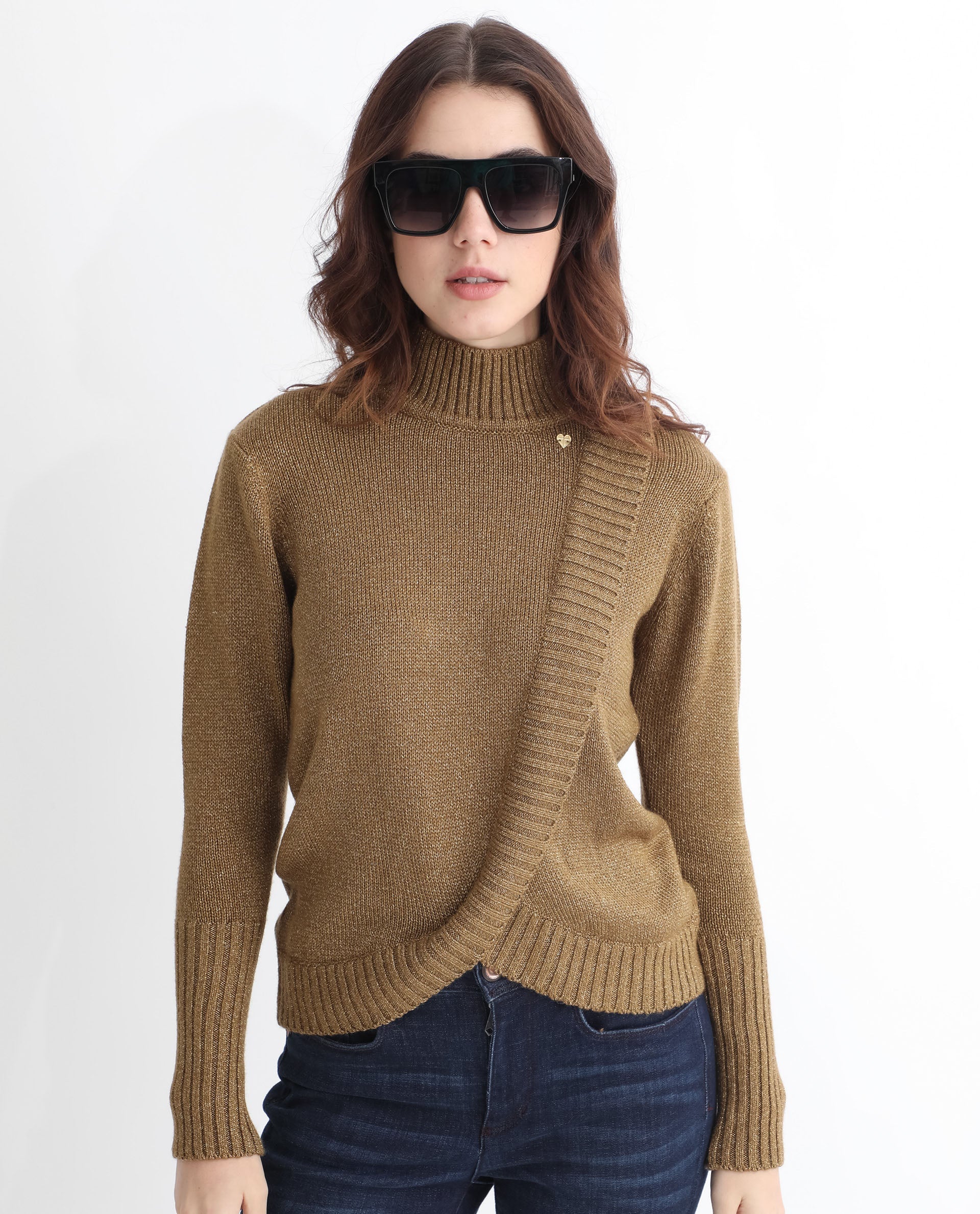 Rareism Women's Austern Gold Acrylic Turtle Neck Plain Knee Length Regular Fit Sweater