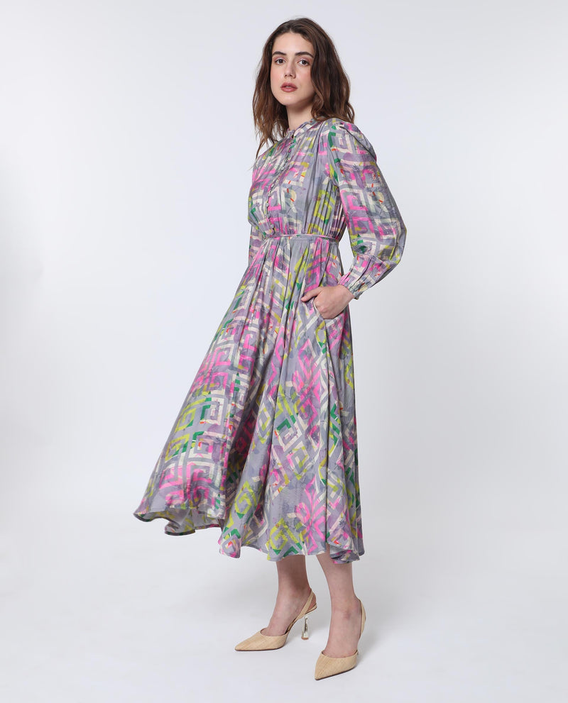 Rareism Women Austir Multi Polyester Fabric Full Sleeves Button Closure Mandarin Collar Balloon Sleeve Regular Fit Geometric Print Maxi Empire Dress