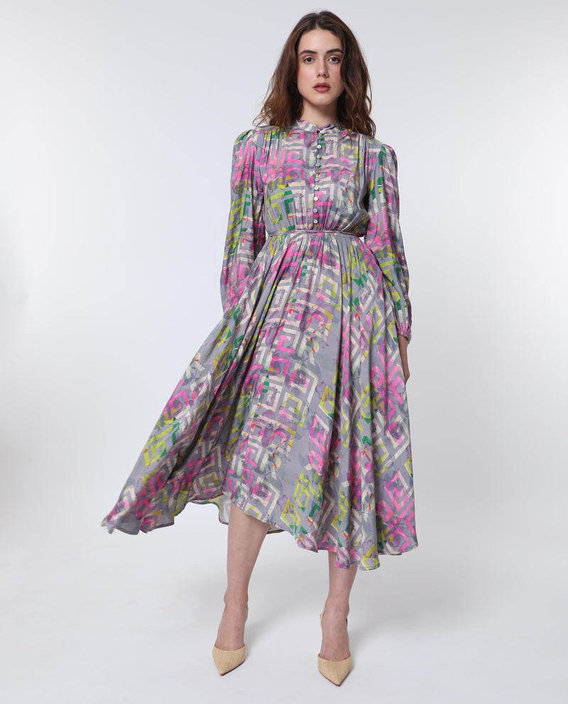 Rareism Women Austir Multi Polyester Fabric Full Sleeves Button Closure Mandarin Collar Balloon Sleeve Regular Fit Geometric Print Maxi Empire Dress