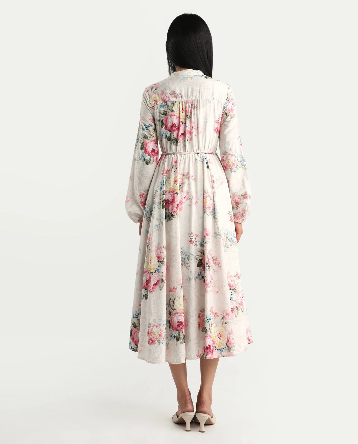 Rareism Women's Austom Beige Viscose Blend Mandarin Collar Fit And Flare Printed Dress